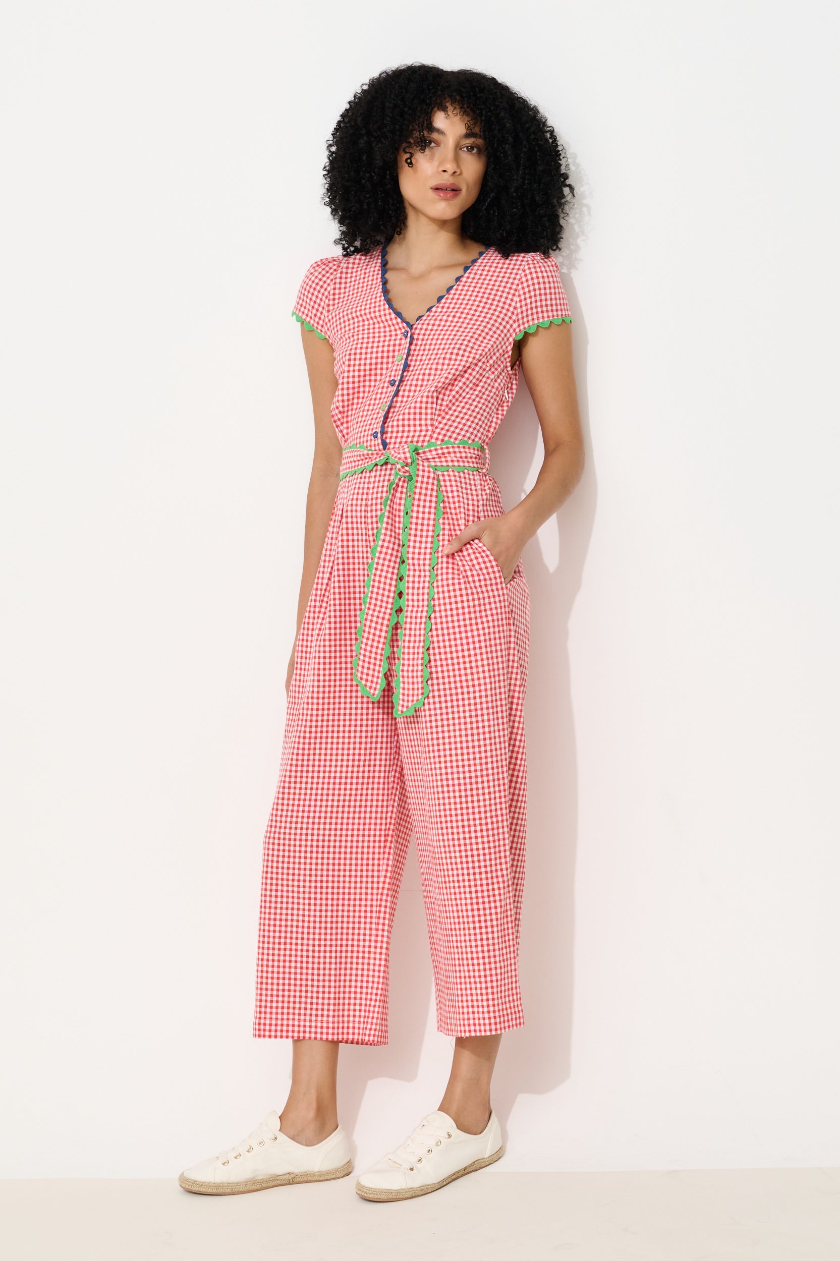 Marleen Gingham Ric Rac Trim Cropped Jumpsuit Red – JOY