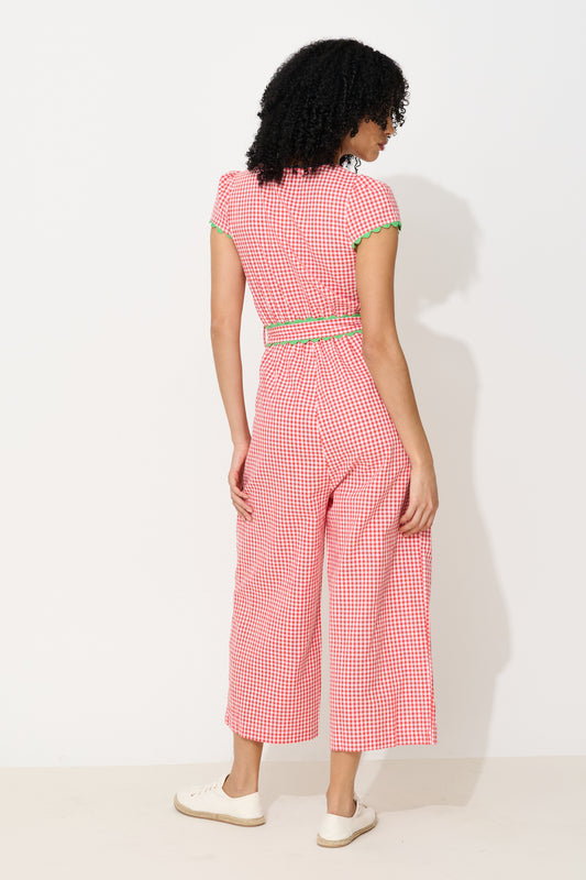 Marleen Gingham Ric Rac Trim Cropped Jumpsuit - Red
