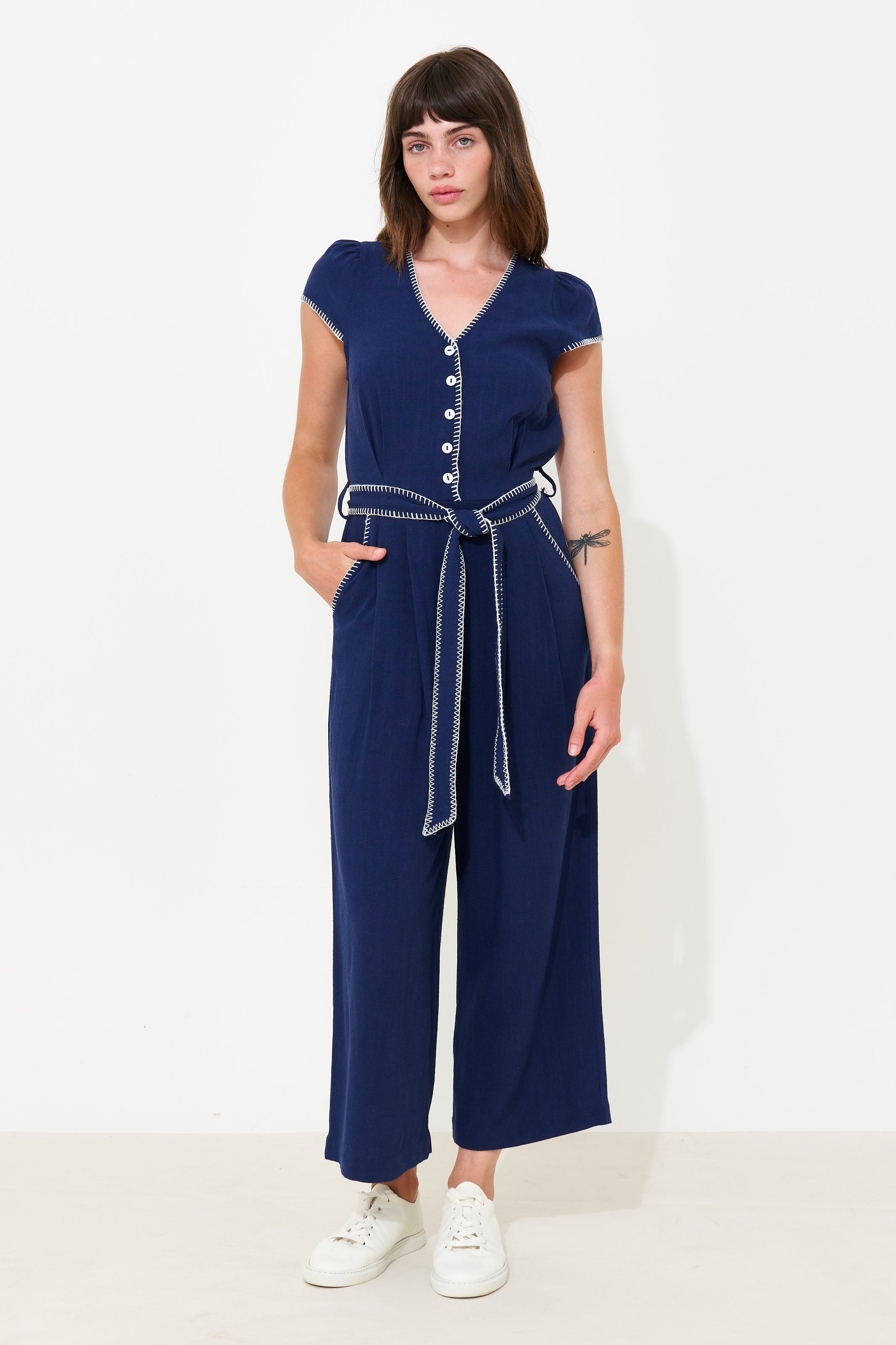 Marleen Blanket Stitch Jumpsuit - Navy