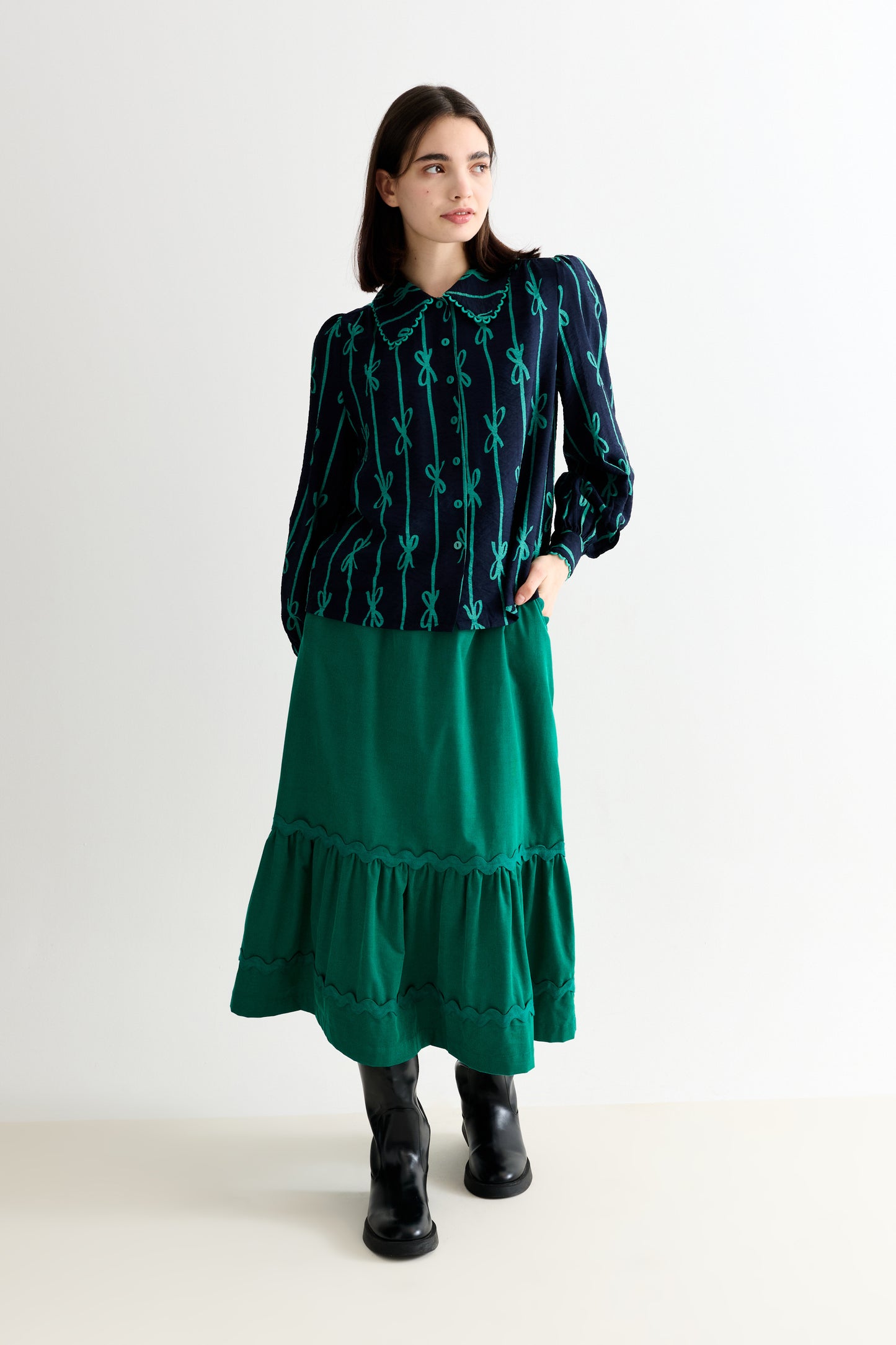 Martta Tie Up Lace Trimmed Collar Blouse - Navy