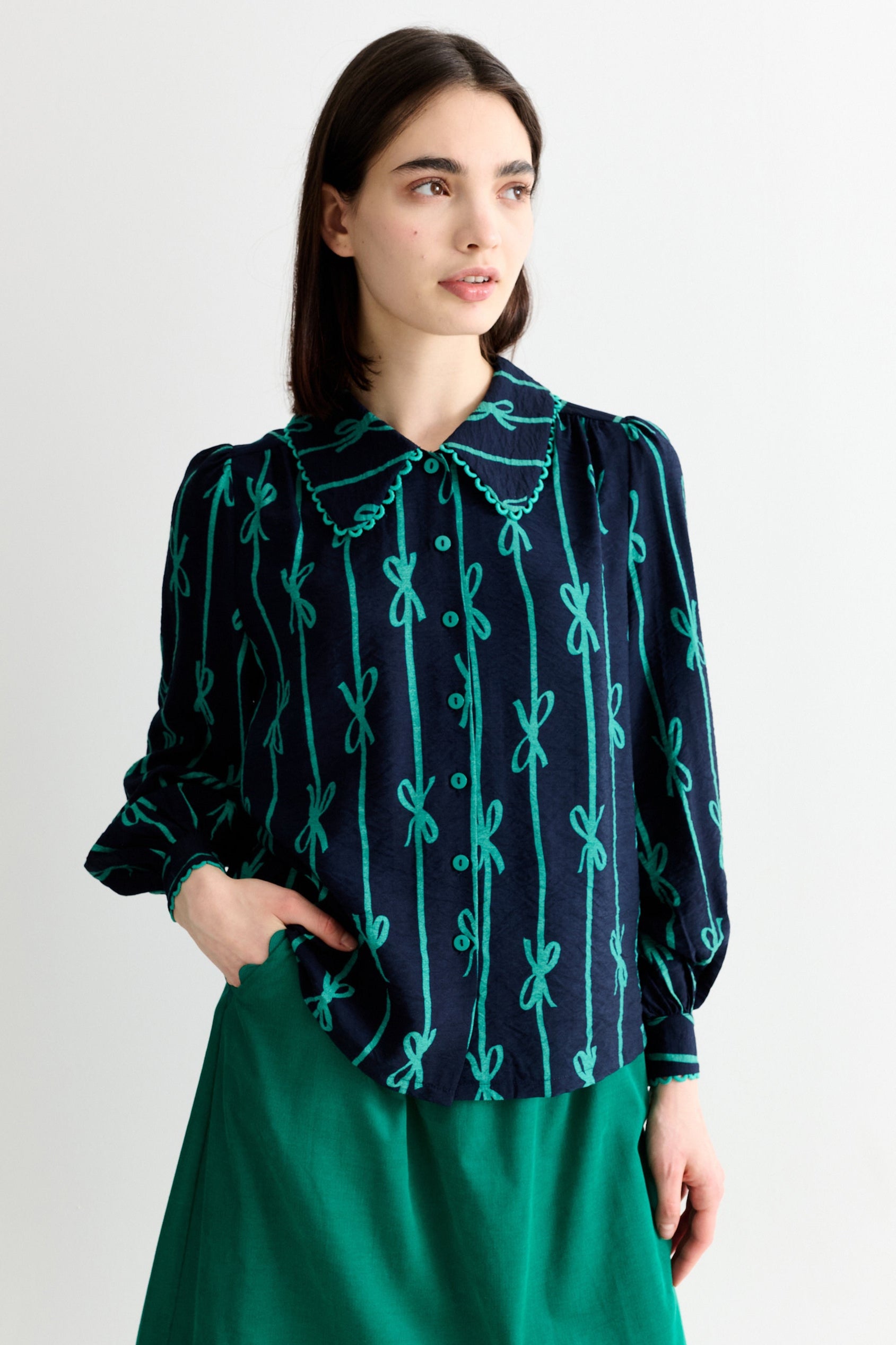 Martta Tie Up Lace Trimmed Collar Blouse - Navy