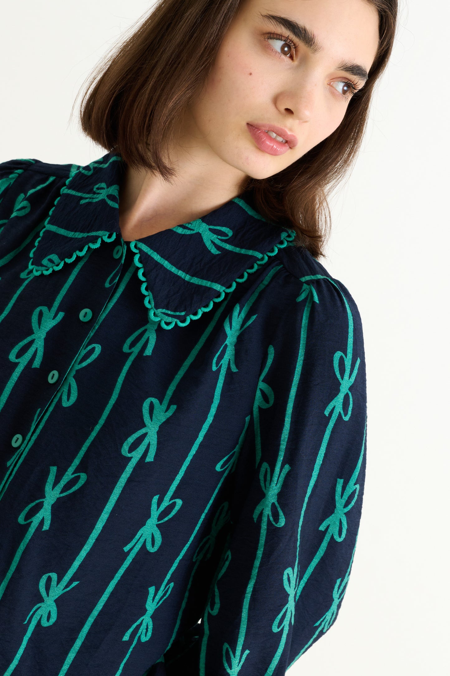 Martta Tie Up Lace Trimmed Collar Blouse - Navy