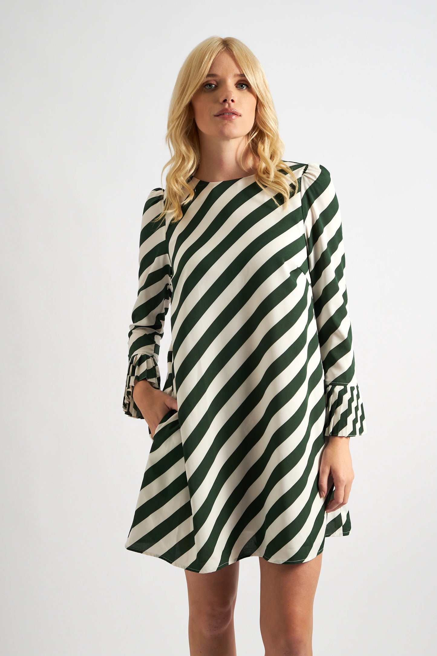 Megann Diagonal Lines Print Pleat Cuff Mini Dress - Green