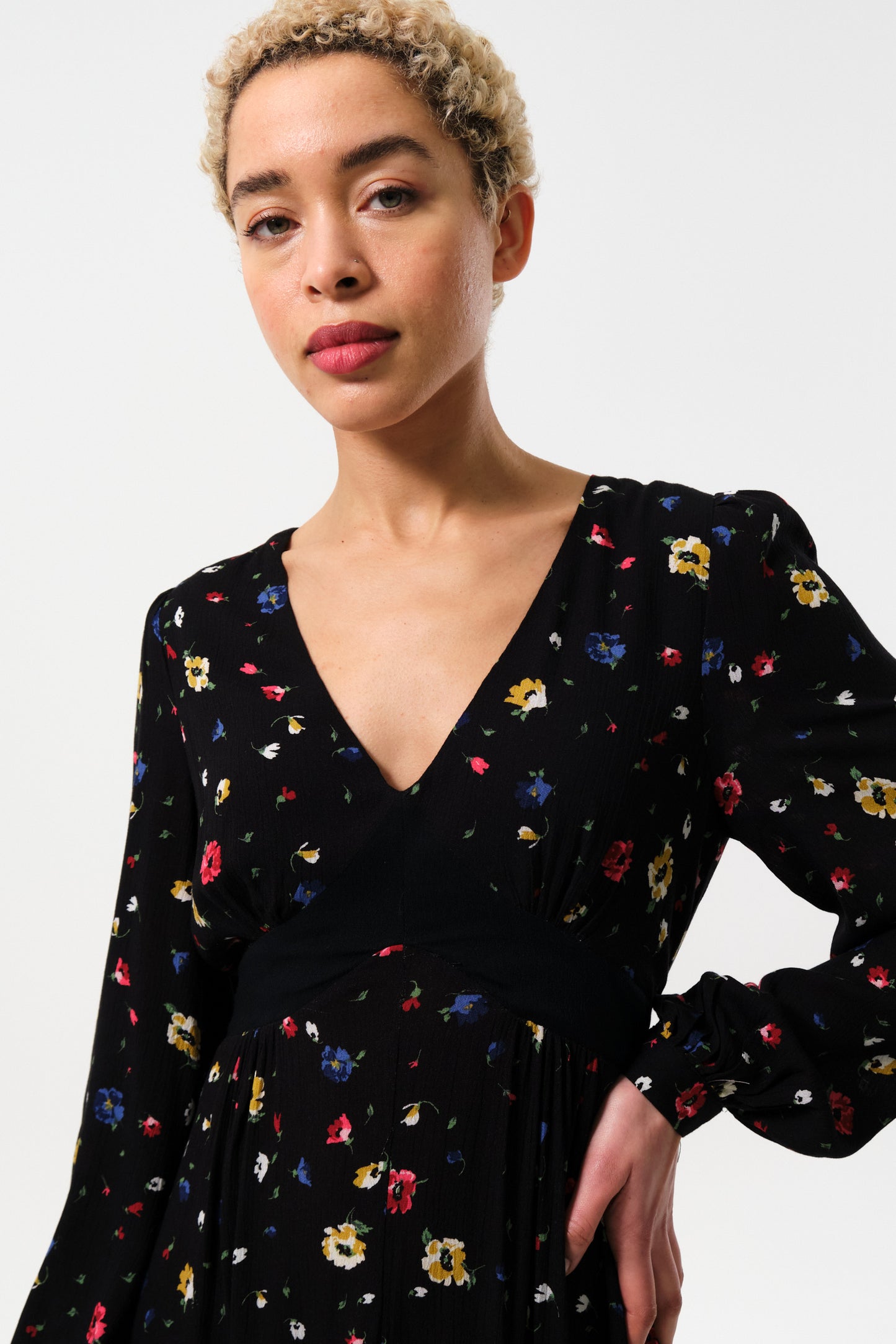 Melany Pick A Mix Print Long Sleeve V-Neck Midi Dress