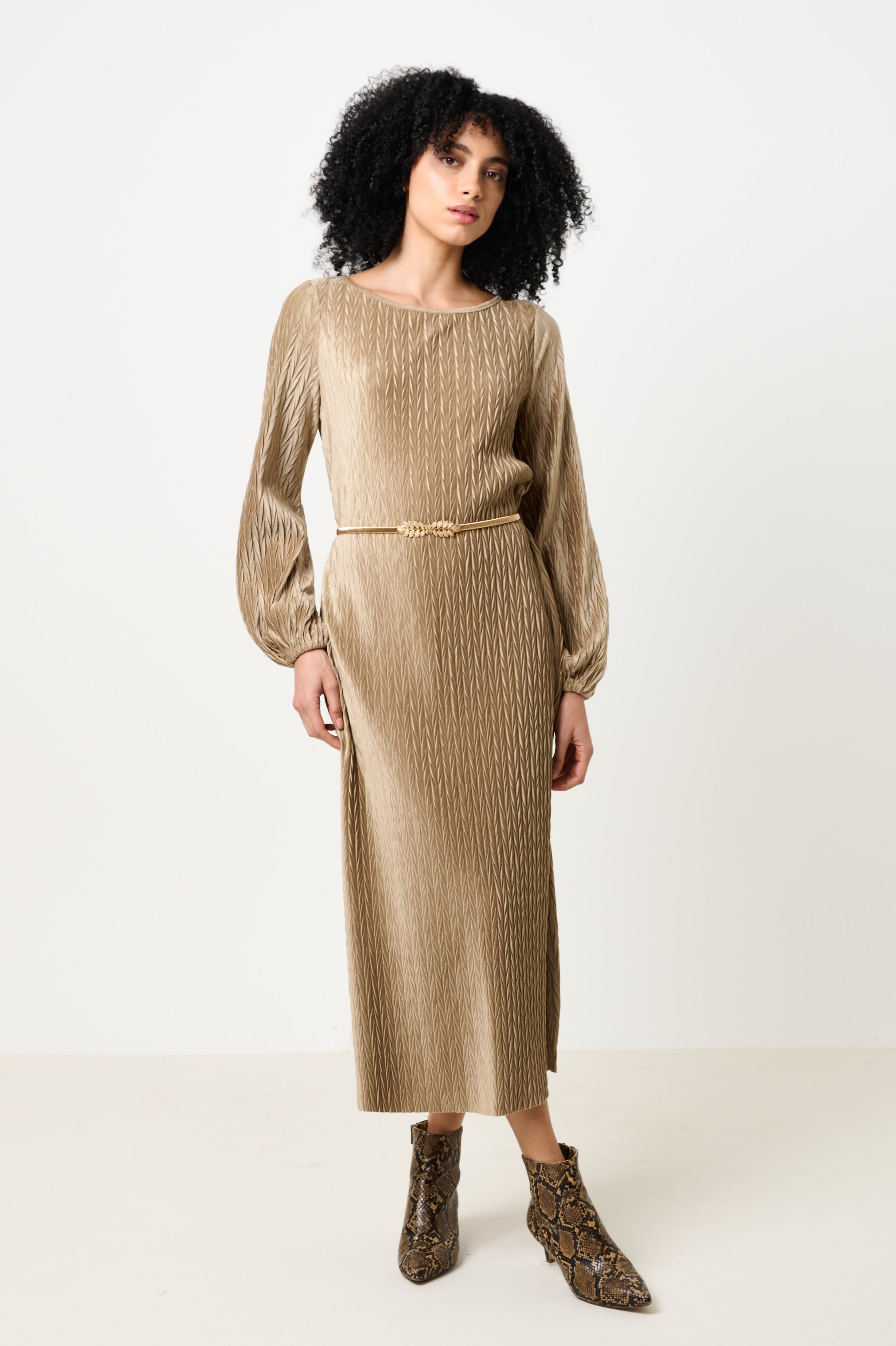 Milene Velvet Pleat Midi Dress - Pale Taupe