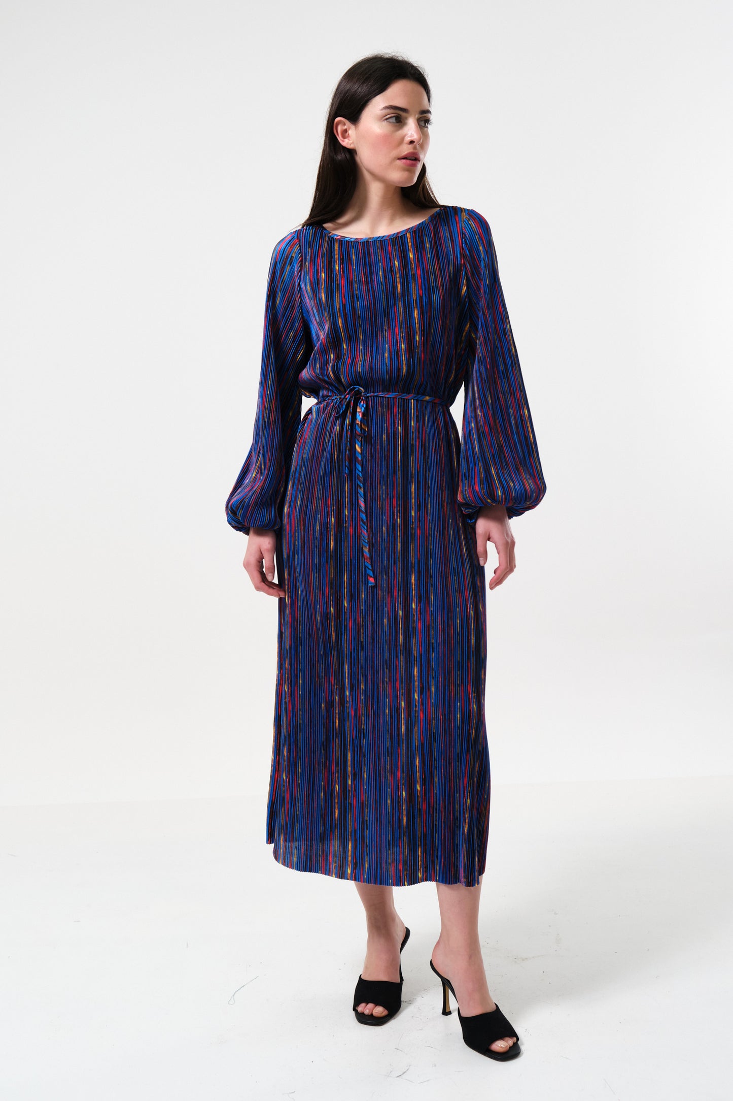 Milene Abstract Pleat Tie Waist Midi Dress