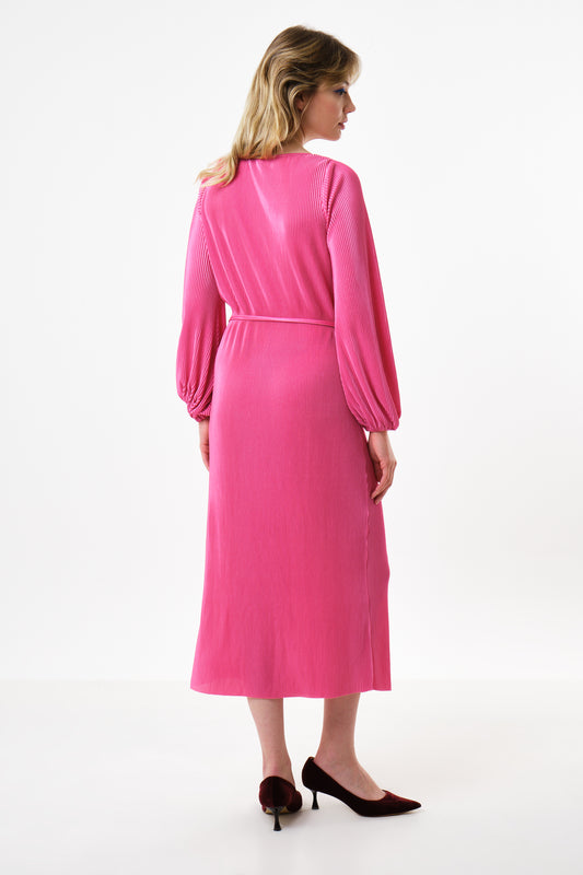 Milene Pleat Long Sleeve Midi Dress - Pink