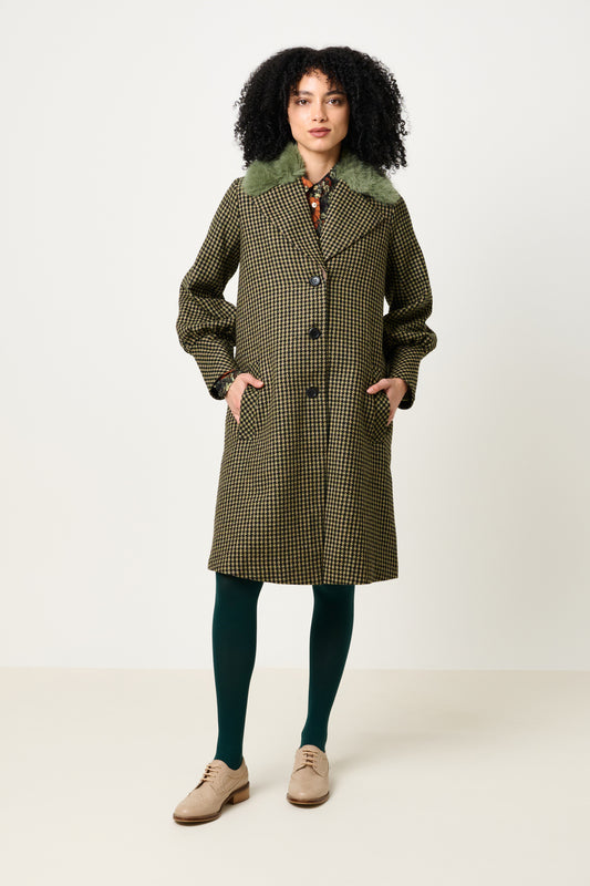 Mischa Burray Fur Collar Statement Sleeve Check Coat - Fern