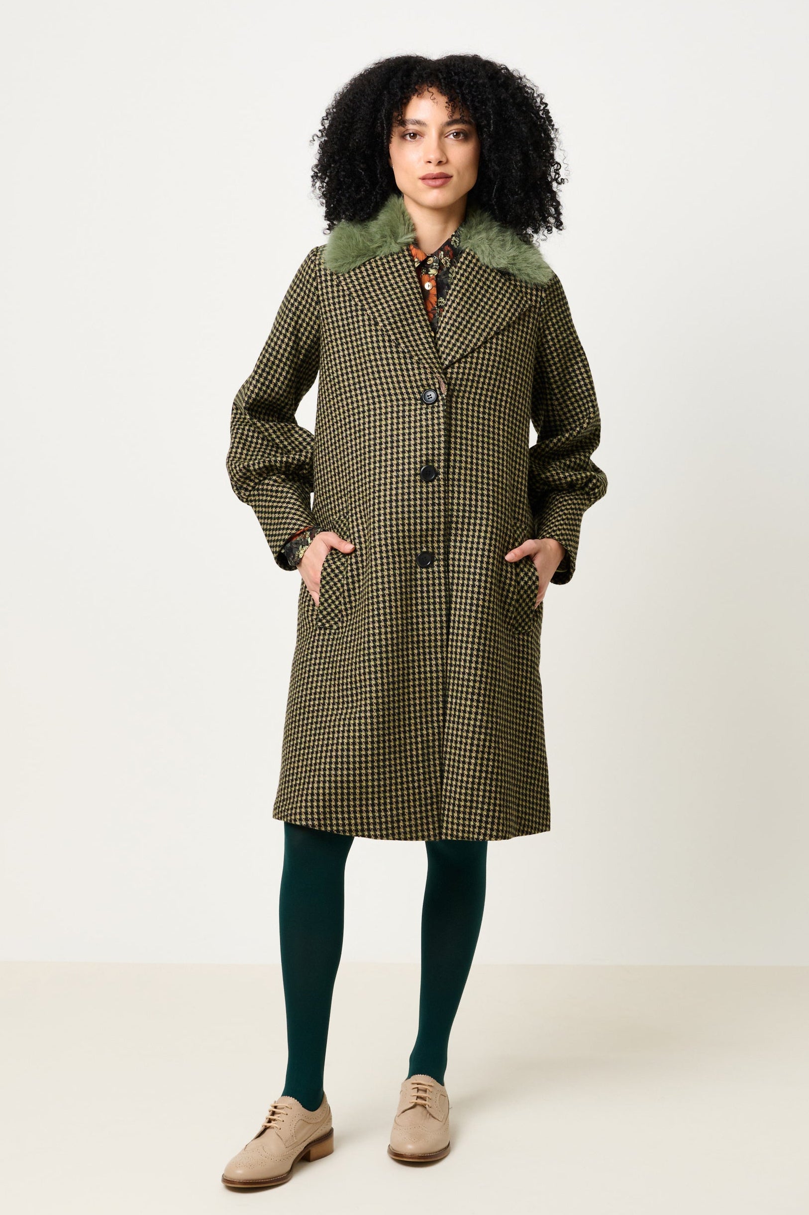 Mischa Burray Fur Collar Statement Sleeve Check Coat - Fern