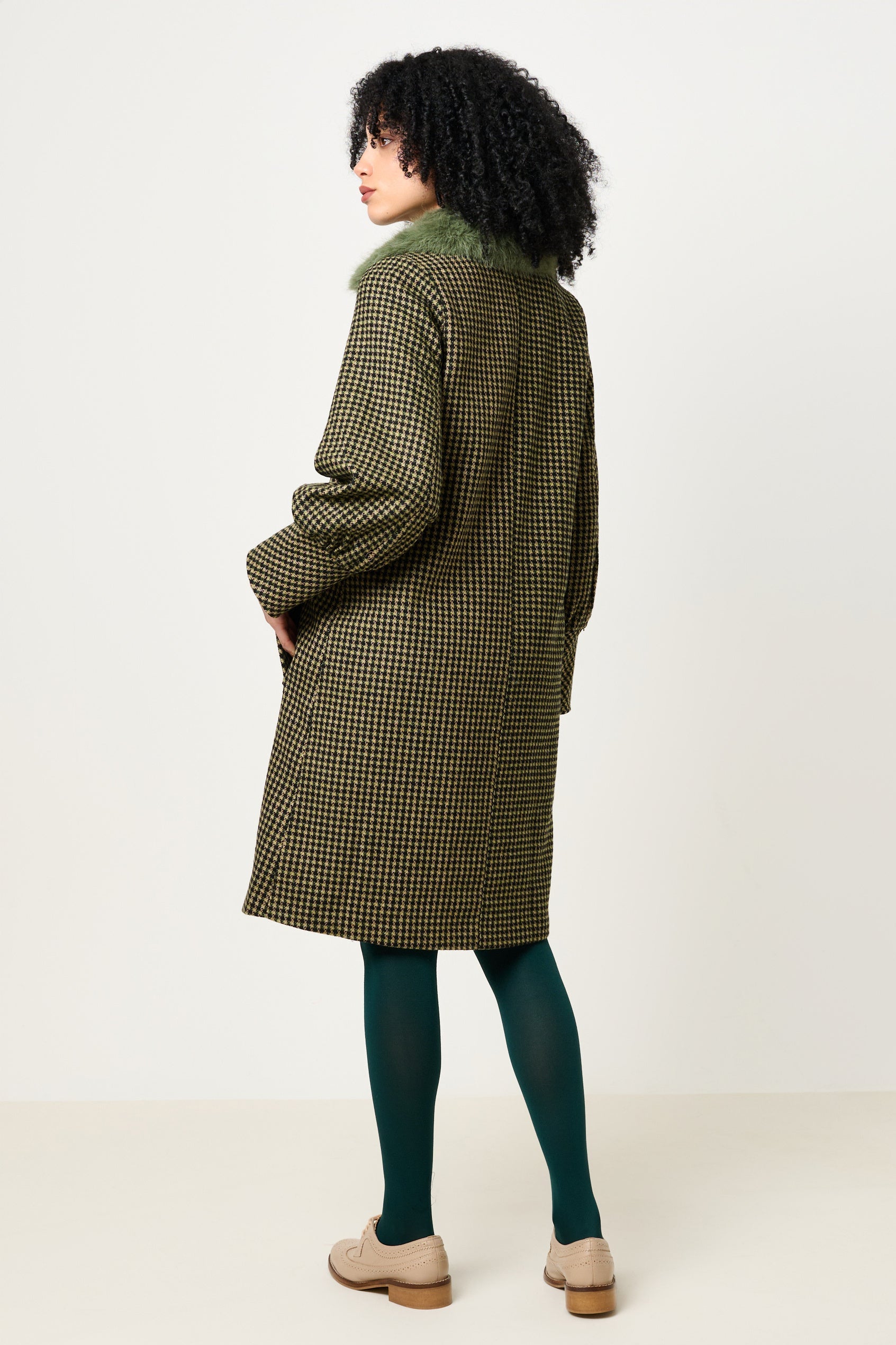 Mischa Burray Fur Collar Statement Sleeve Check Coat - Fern