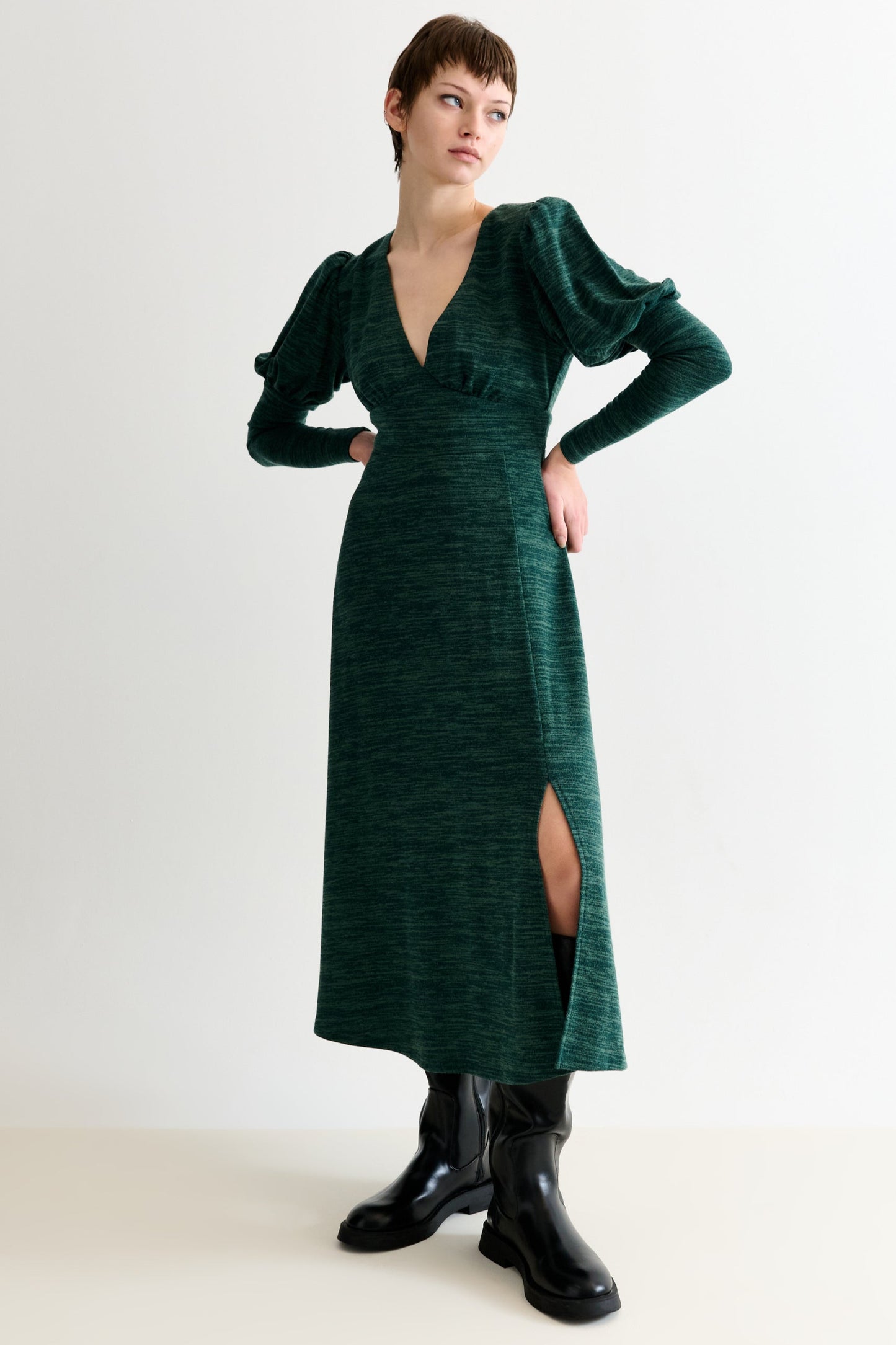 Moa Sustainable Marl Puff Sleeve V Neck Midi Dress - Green
