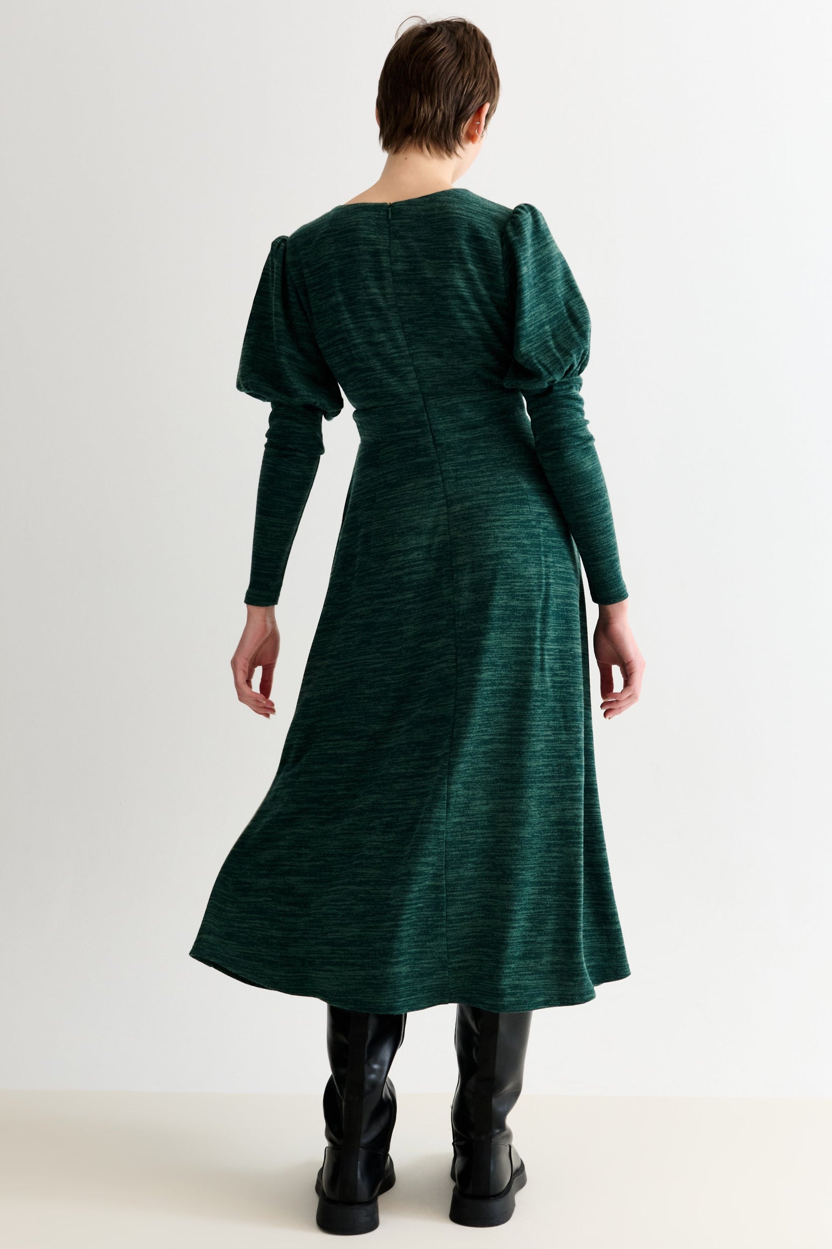 Moa Sustainable Marl Puff Sleeve V Neck Midi Dress - Green
