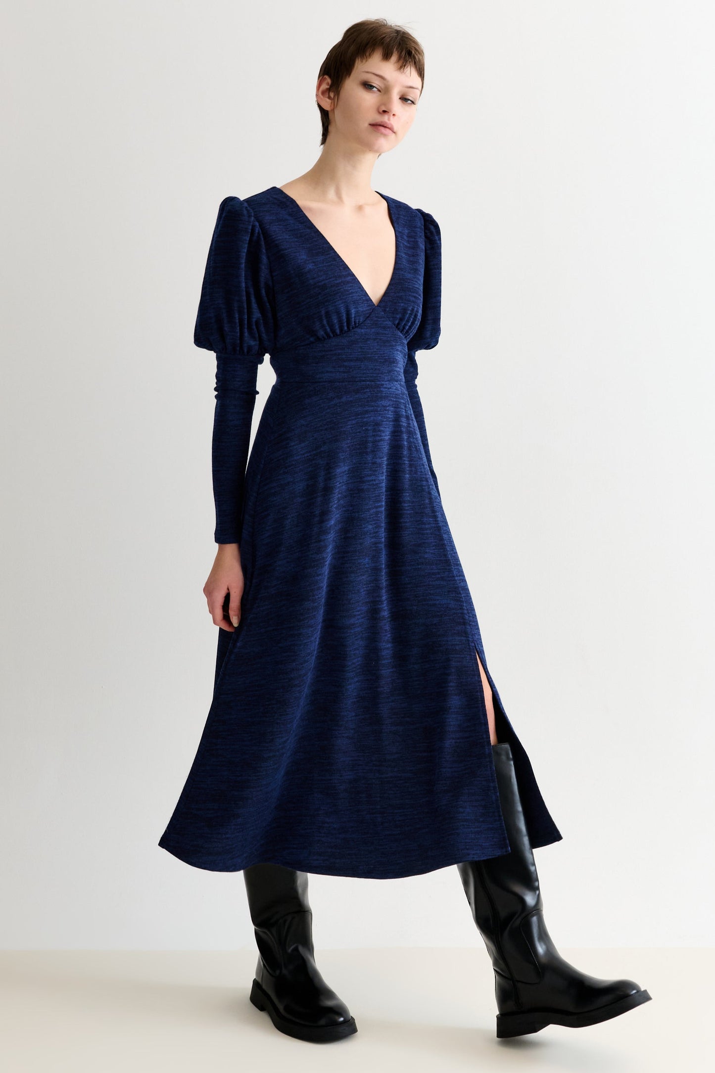 Moa Sustainable Marl Puff Sleeve V Neck Midi Dress - Navy