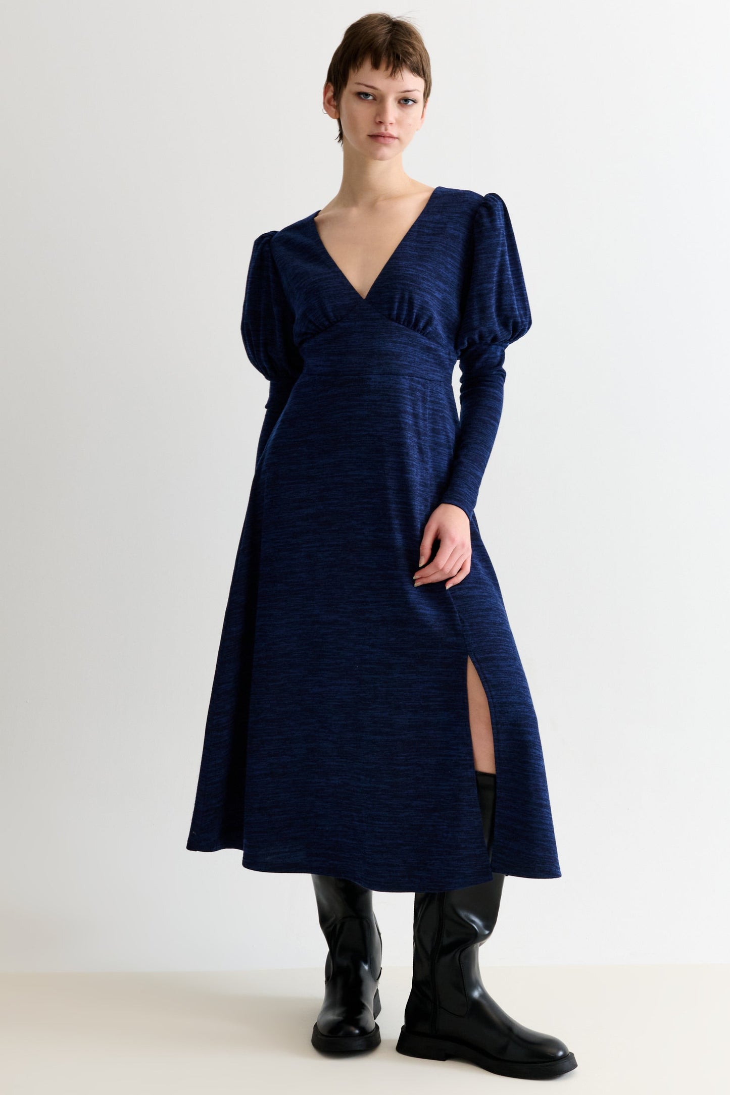 Moa Sustainable Marl Puff Sleeve V Neck Midi Dress - Navy