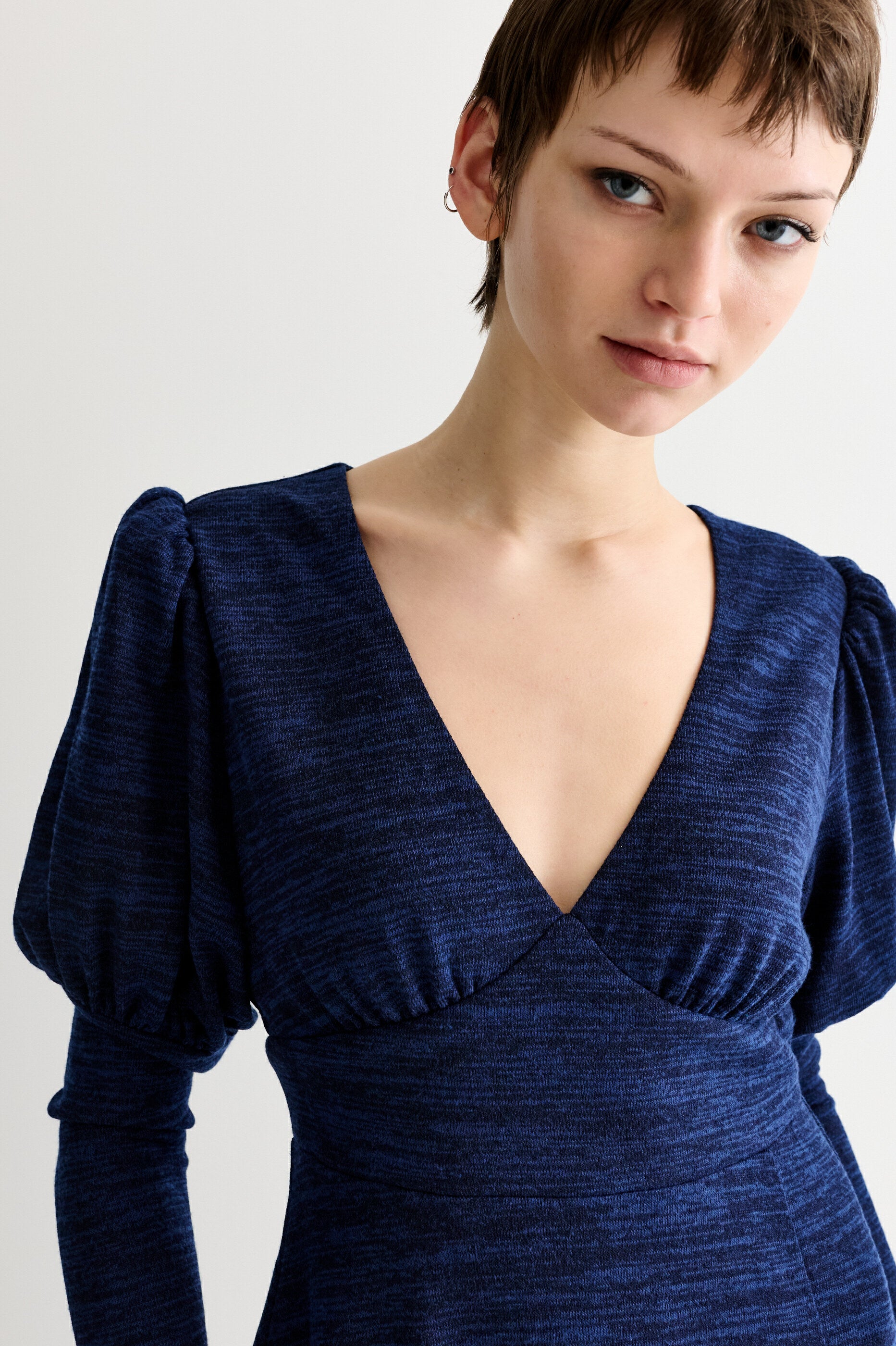 Moa Sustainable Marl Puff Sleeve V Neck Midi Dress - Navy - Detail 1