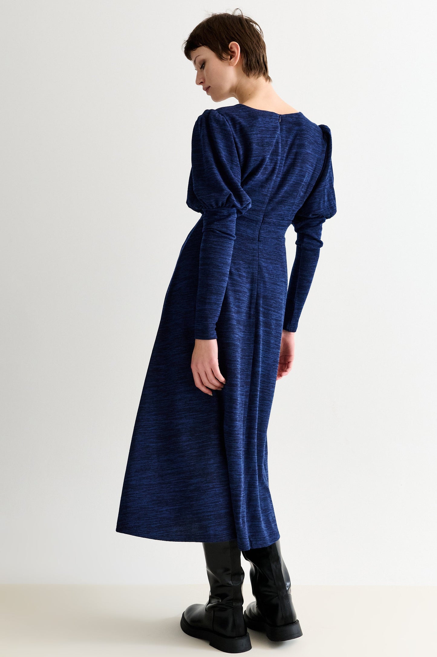 Moa Sustainable Marl Puff Sleeve V Neck Midi Dress - Navy