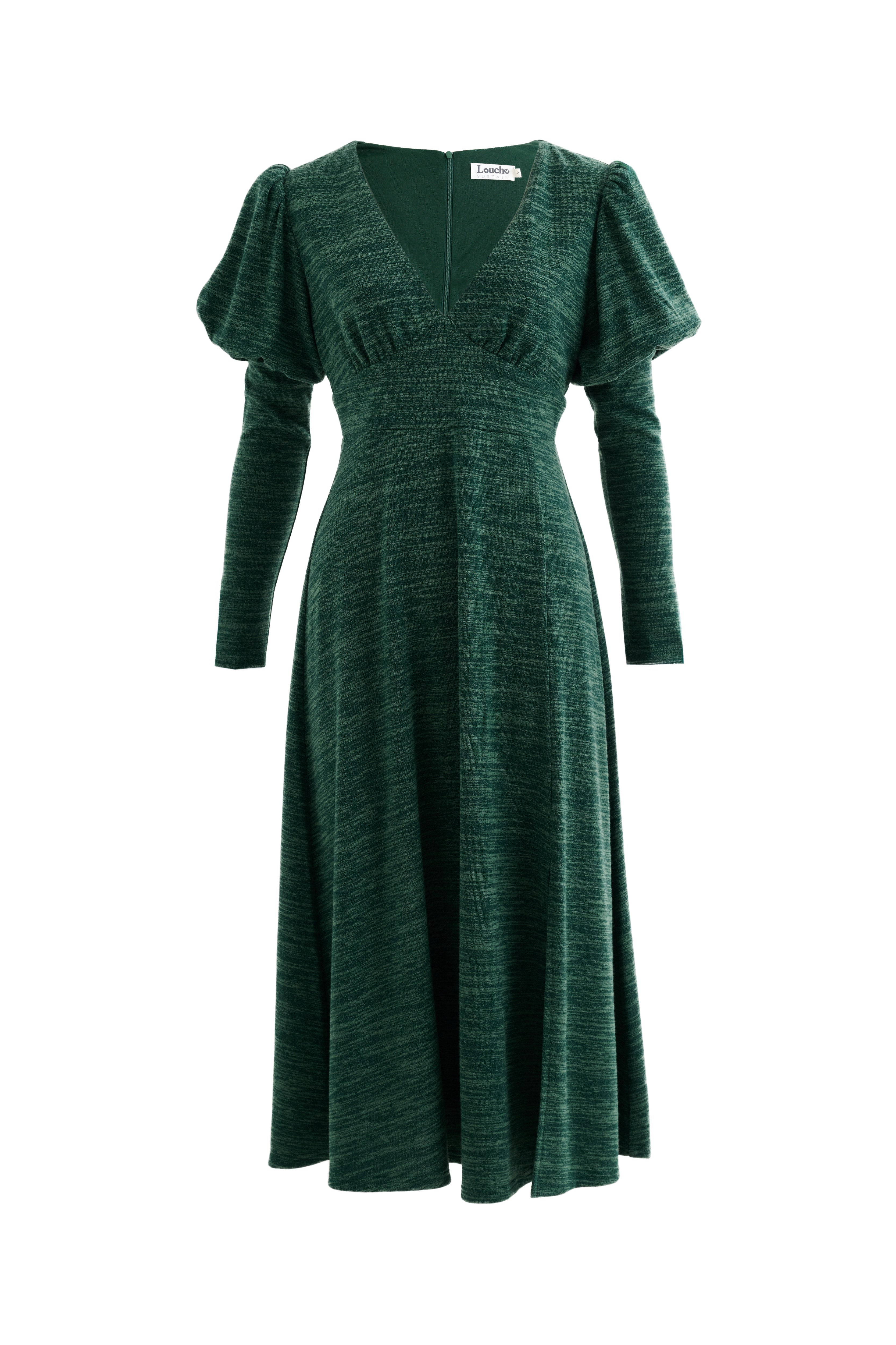 Moa Sustainable Marl Puff Sleeve V Neck Midi Dress - Green - Styled