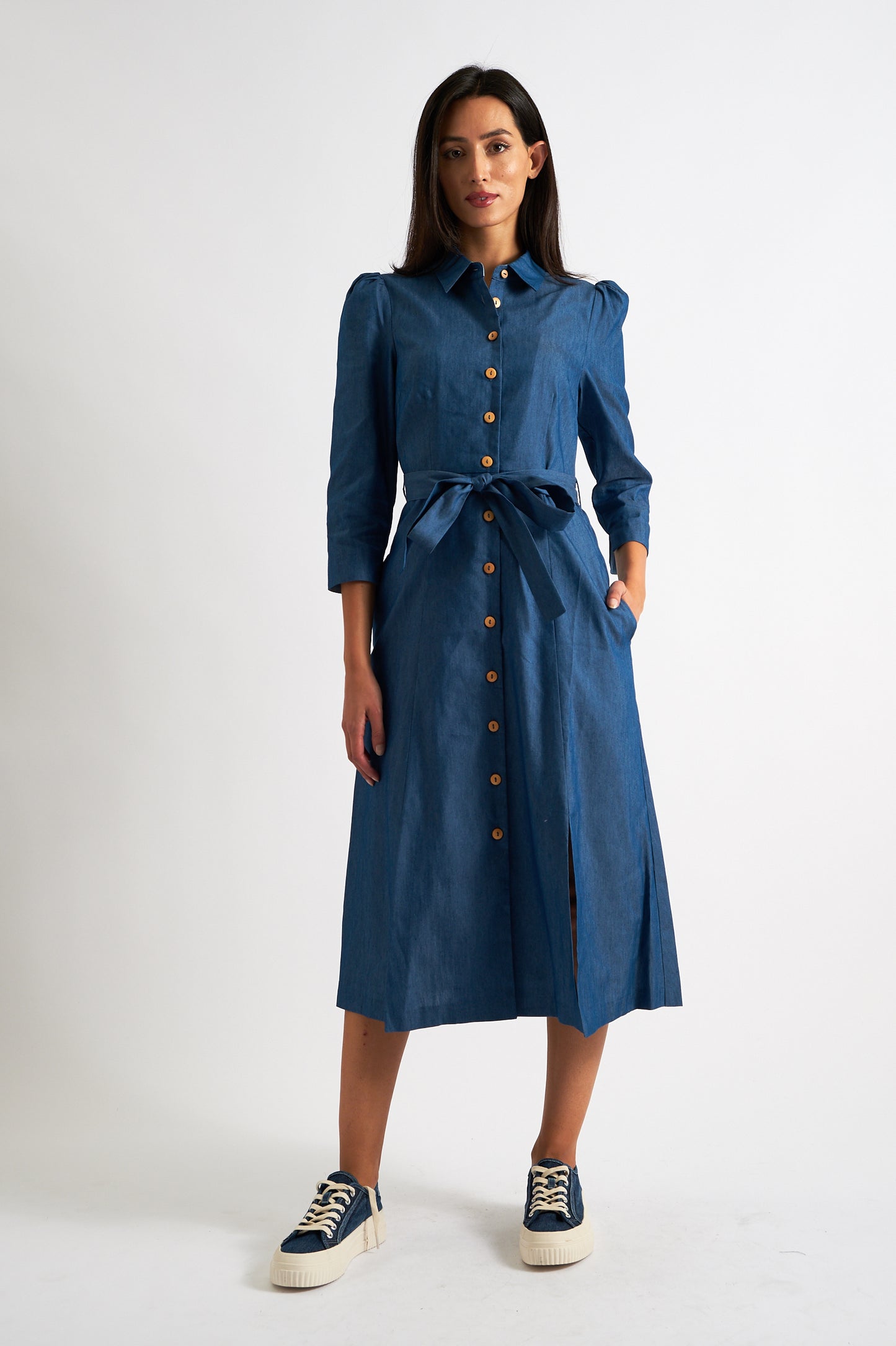 Monick 3/4 Sleeve Chambray Midi Shirt Dress