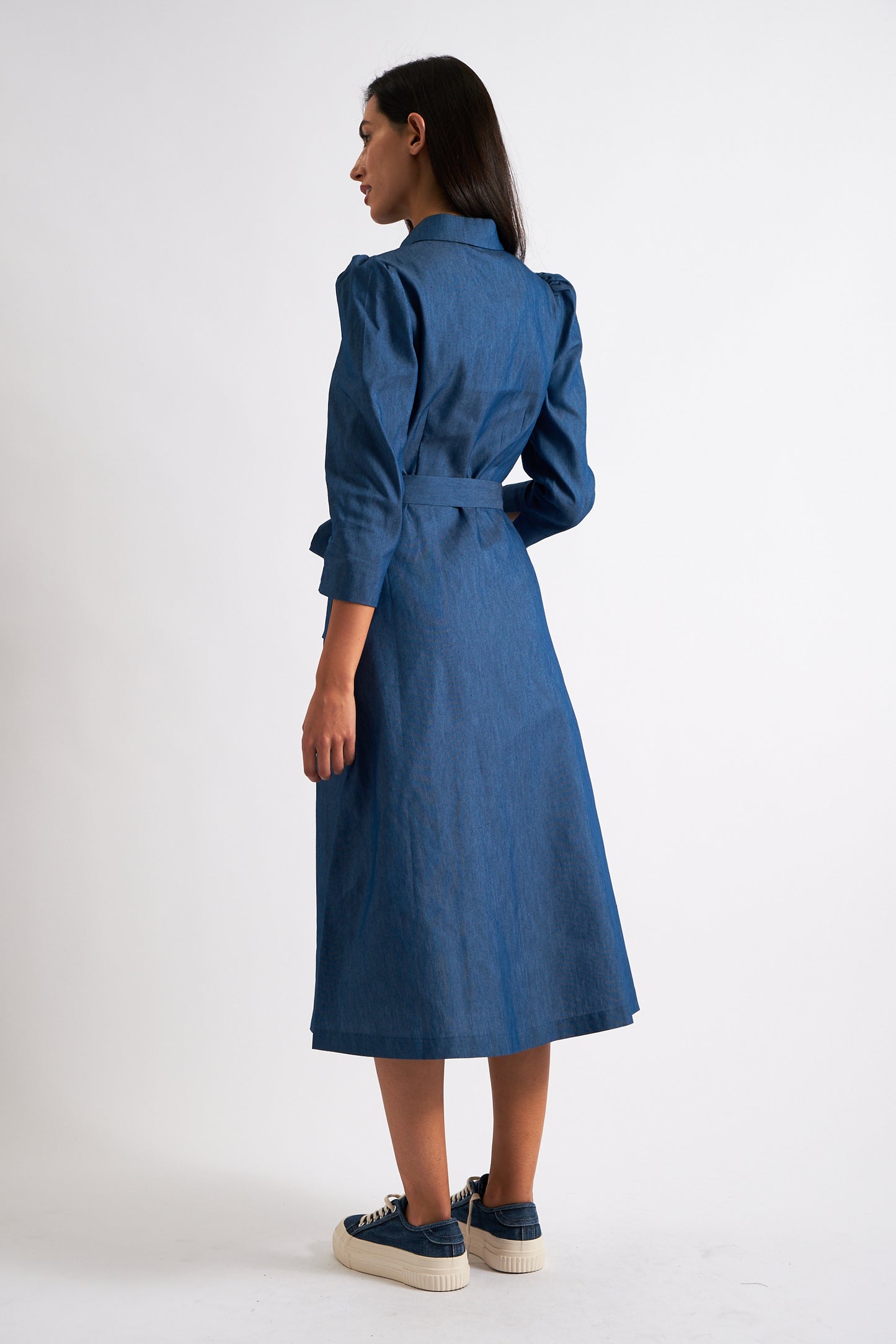 Monick 3/4 Sleeve Chambray Midi Shirt Dress