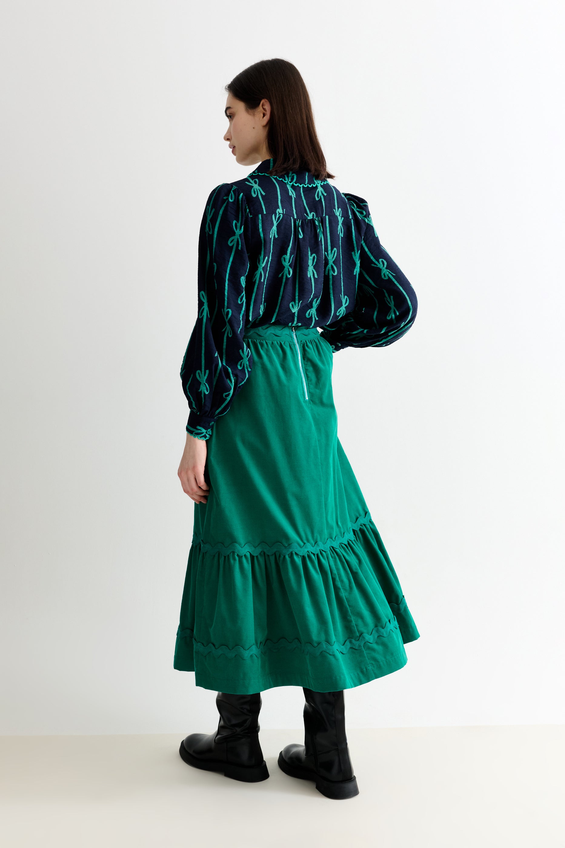 Montana Babycord Ric Rac Trim Tiered Midi Skirt - Teal - Detail 1