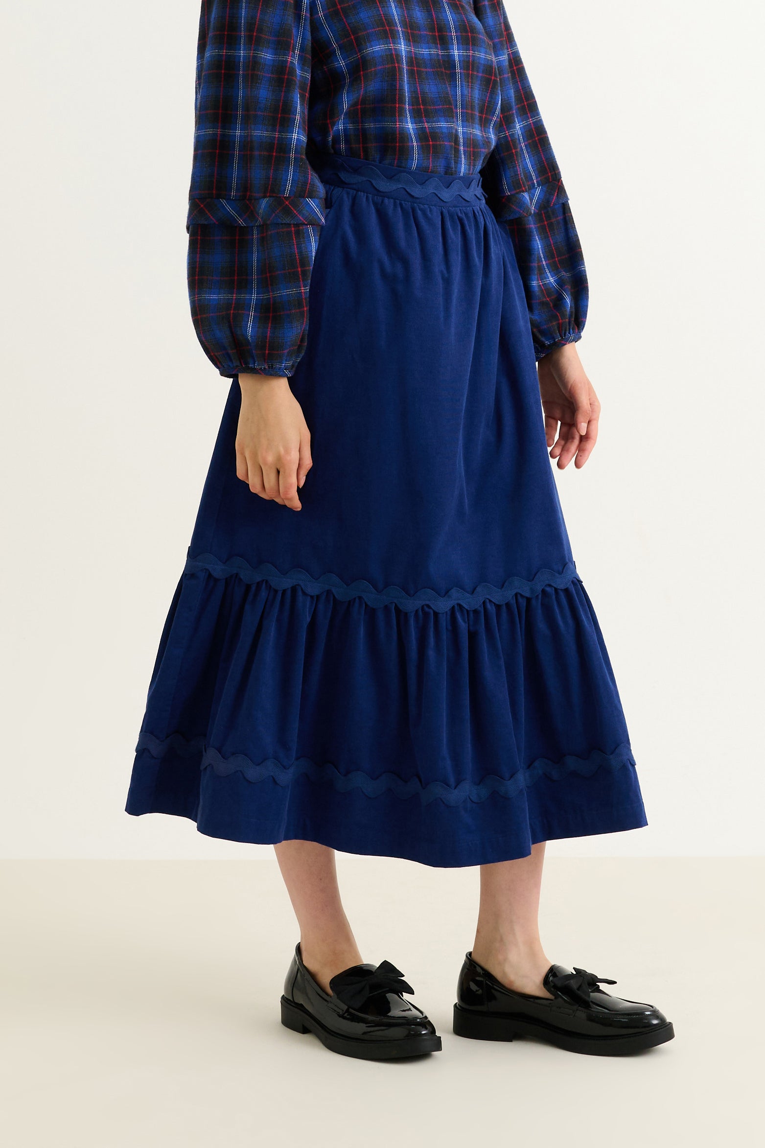 Montana Babycord Ric Rac Trim Tiered Midi Skirt - Navy