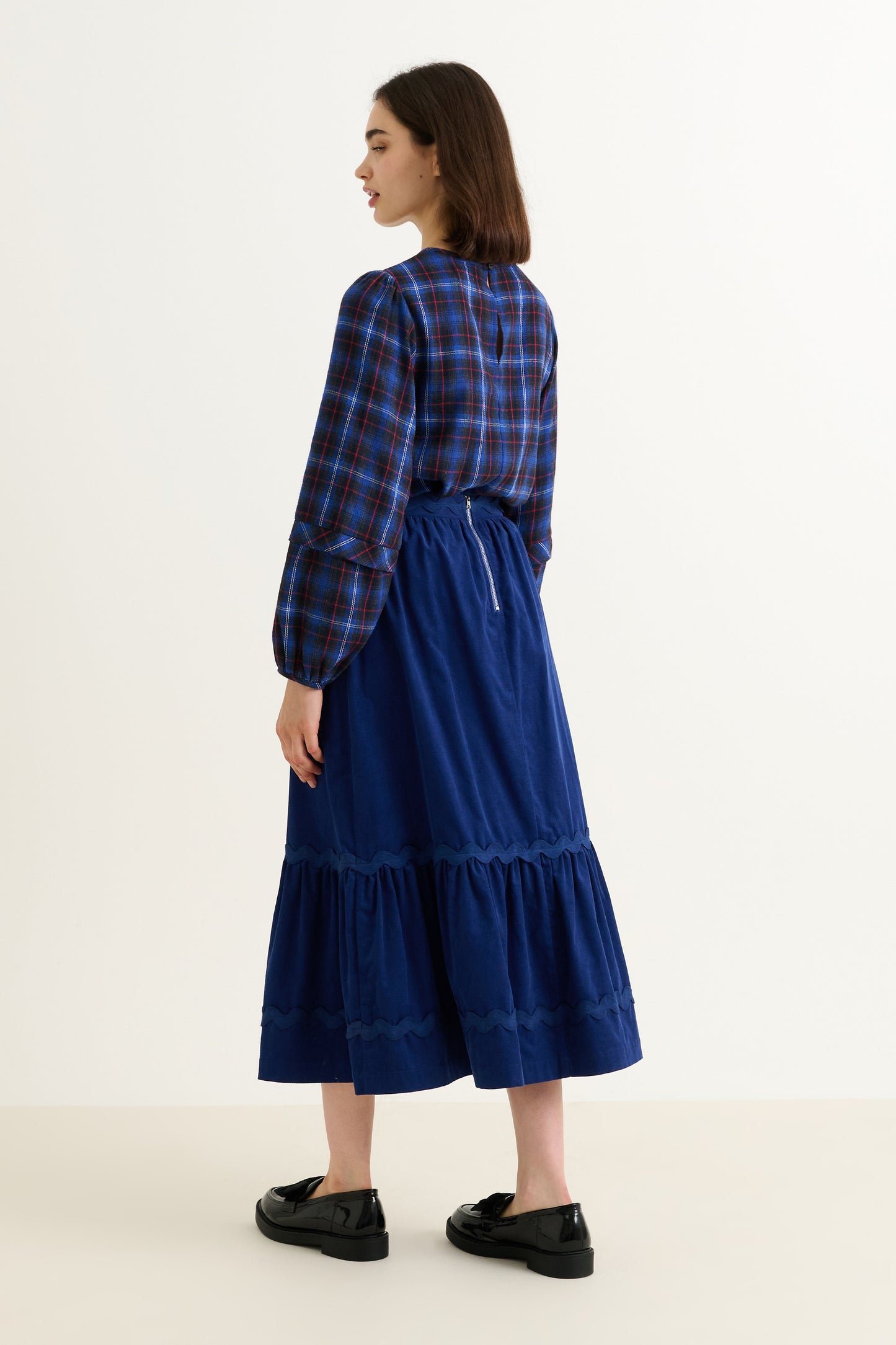 Montana Babycord Ric Rac Trim Tiered Midi Skirt - Navy