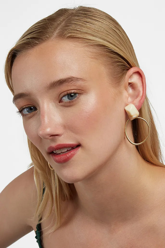 Mahol White Stone Matte Gold Hoop Earrings - Front