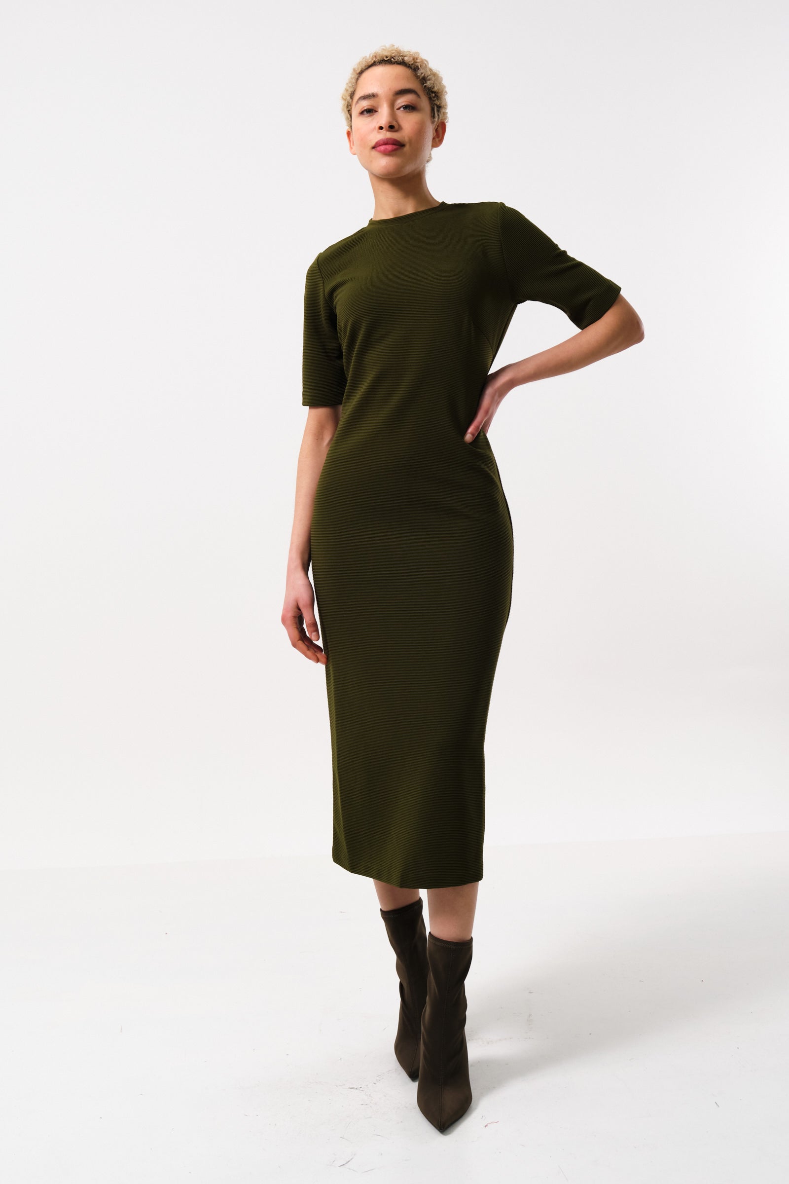 Nila Rib Bodycon Midi Dress Green – JOY