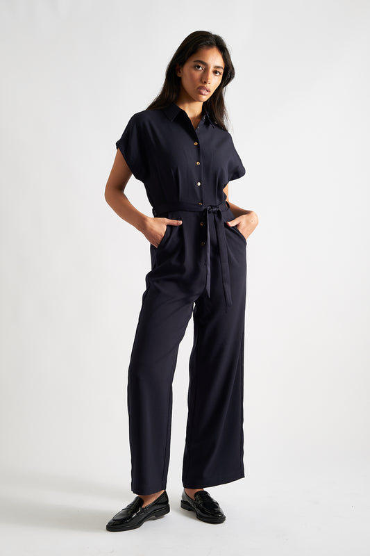 Navy Sustainable Fabric Button Up Tie Waist Short Sleeved Collared Jumpsuit