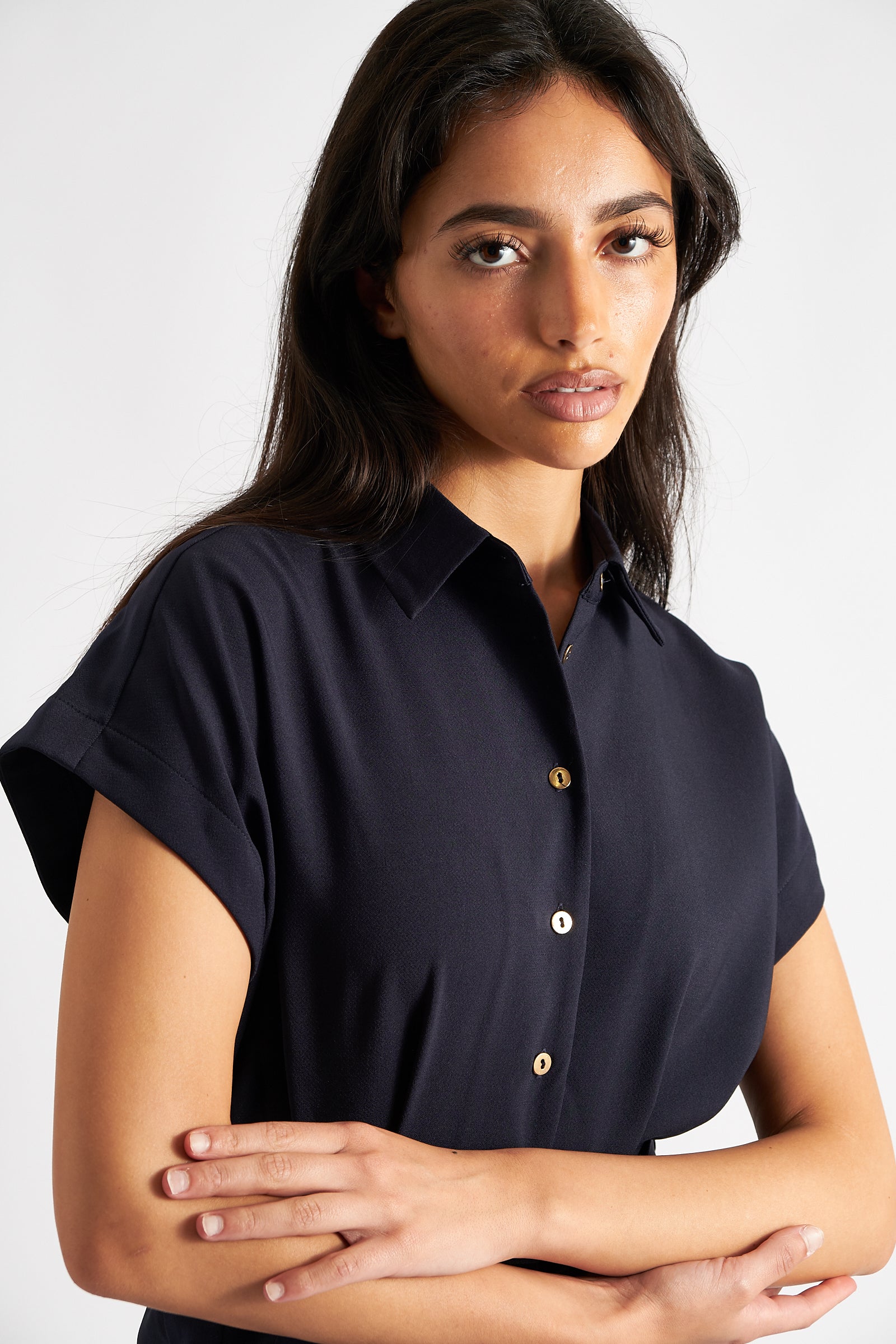 Navy Sustainable Fabric Button Up Tie Waist Short Sleeved Collared Jumpsuit