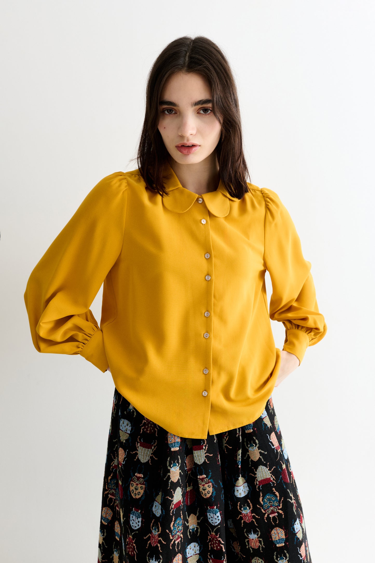 Octavia Moss Crepe Overlap Collar Shirt - Mustard
