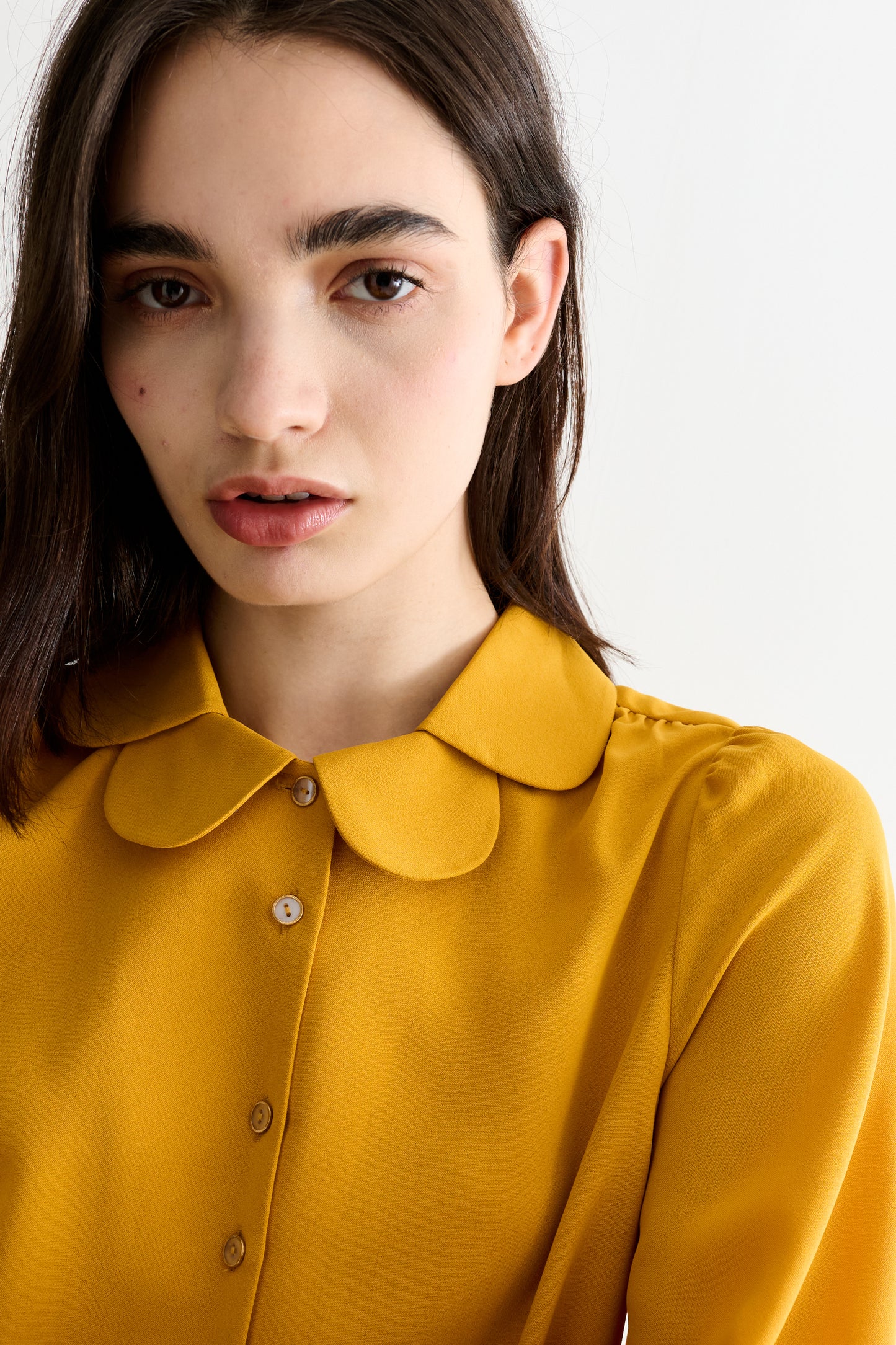 Octavia Moss Crepe Overlap Collar Shirt - Mustard