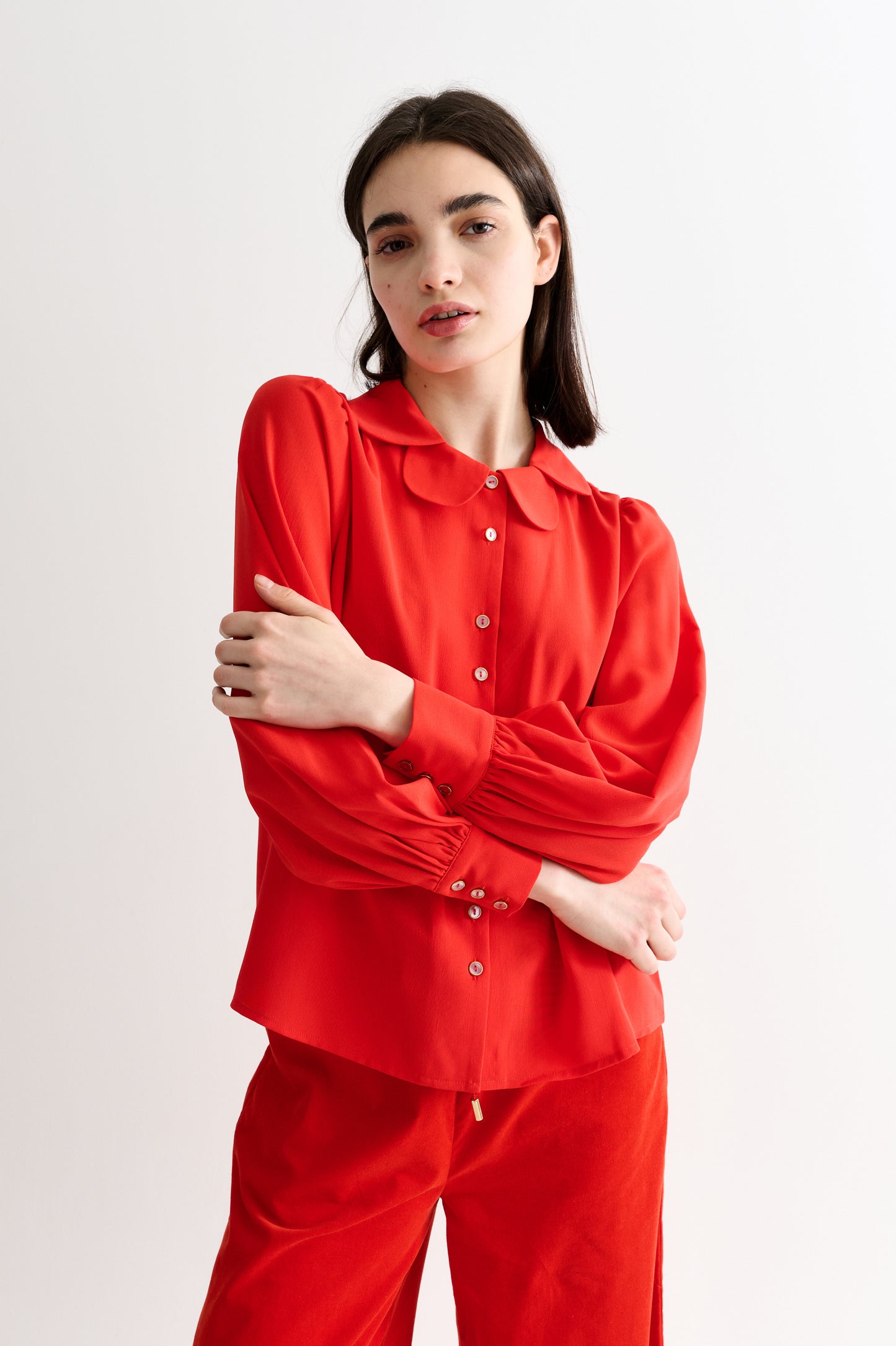 Octavia Moss Crepe Overlap Collar Shirt - Red