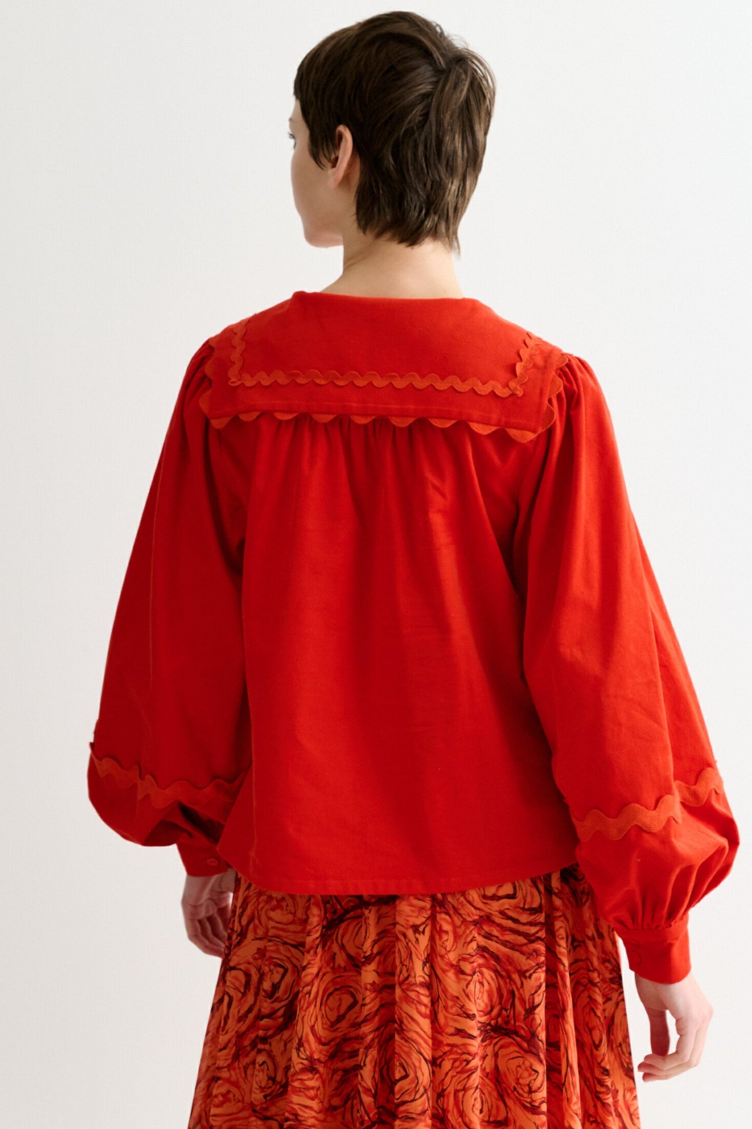 Pallas Babycord Big Collar Ric Rac Trimmed Blouse - Red