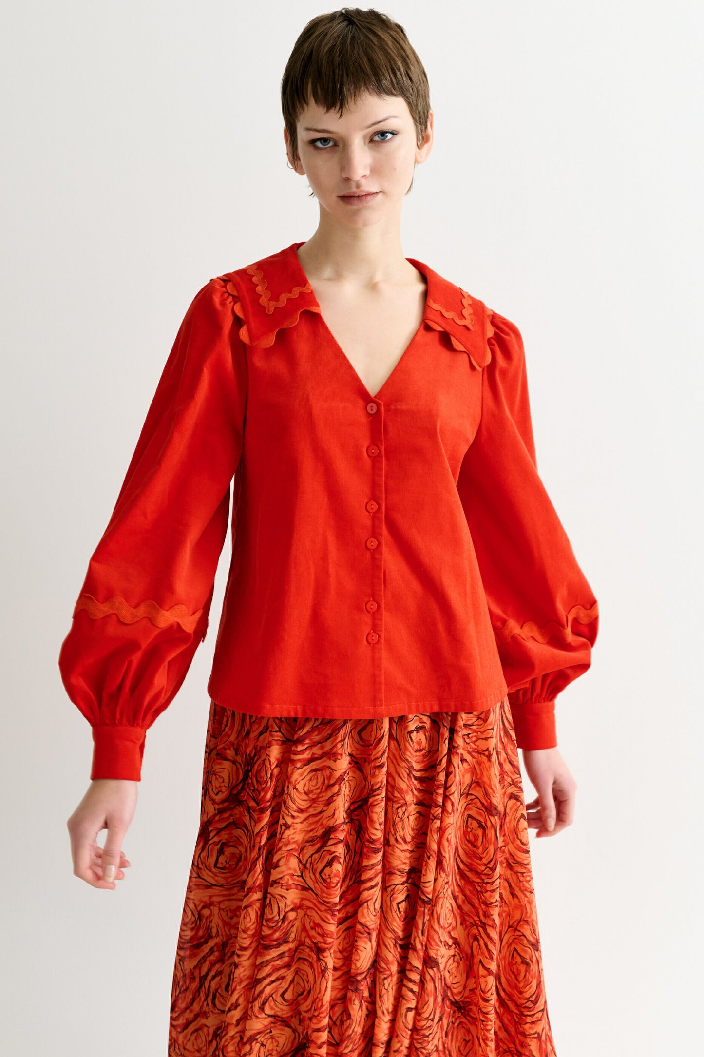 Pallas Babycord Big Collar Ric Rac Trimmed Blouse - Red