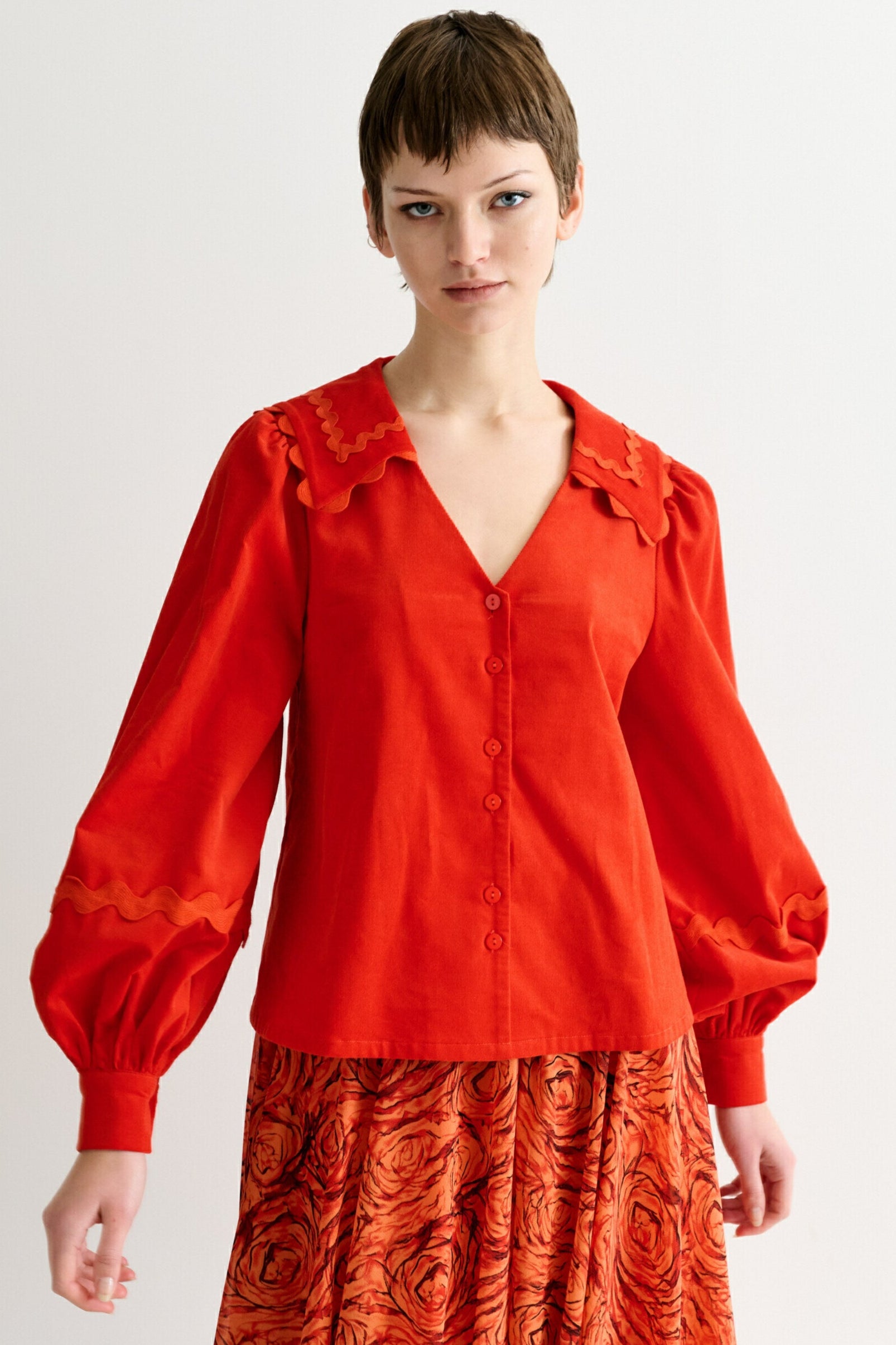 Pallas Babycord Big Collar Ric Rac Trimmed Blouse - Red