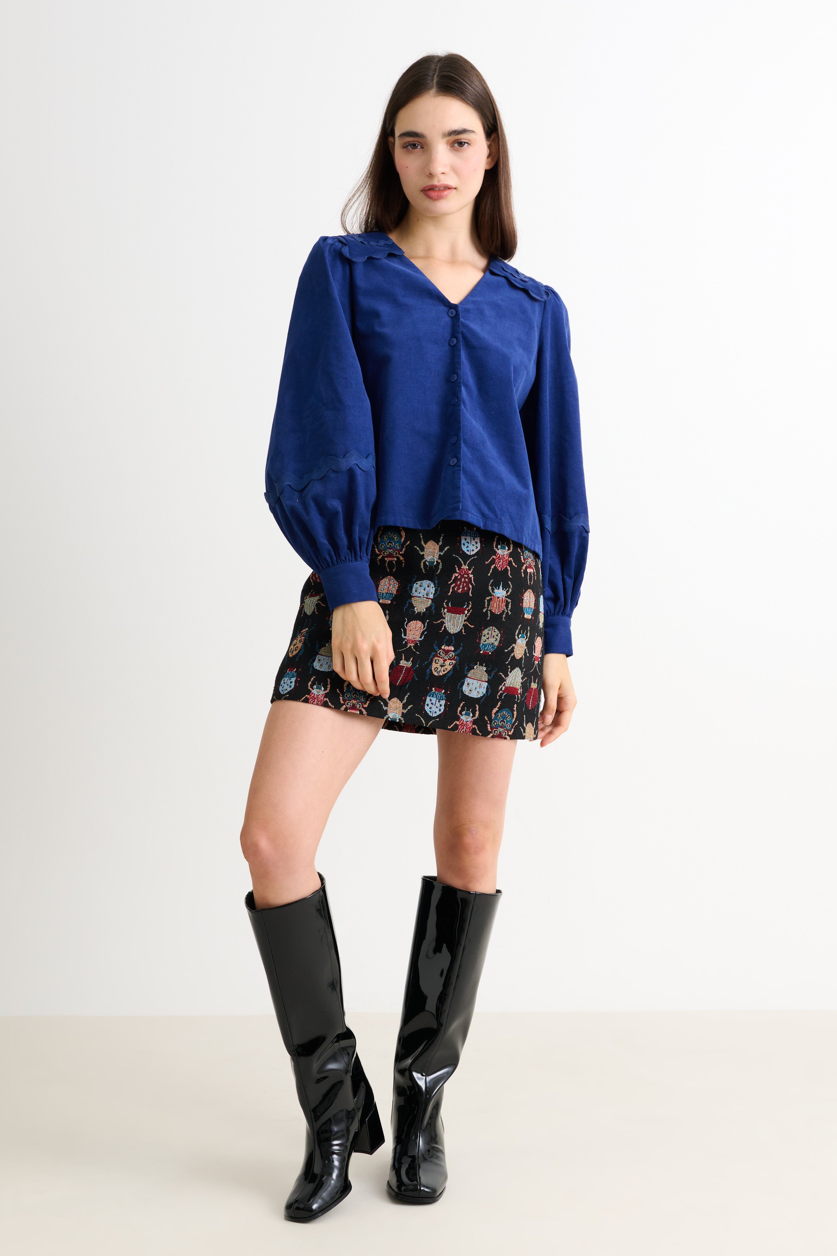 Pallas Babycord Big Collar Ric Rac Trimmed Blouse - Navy