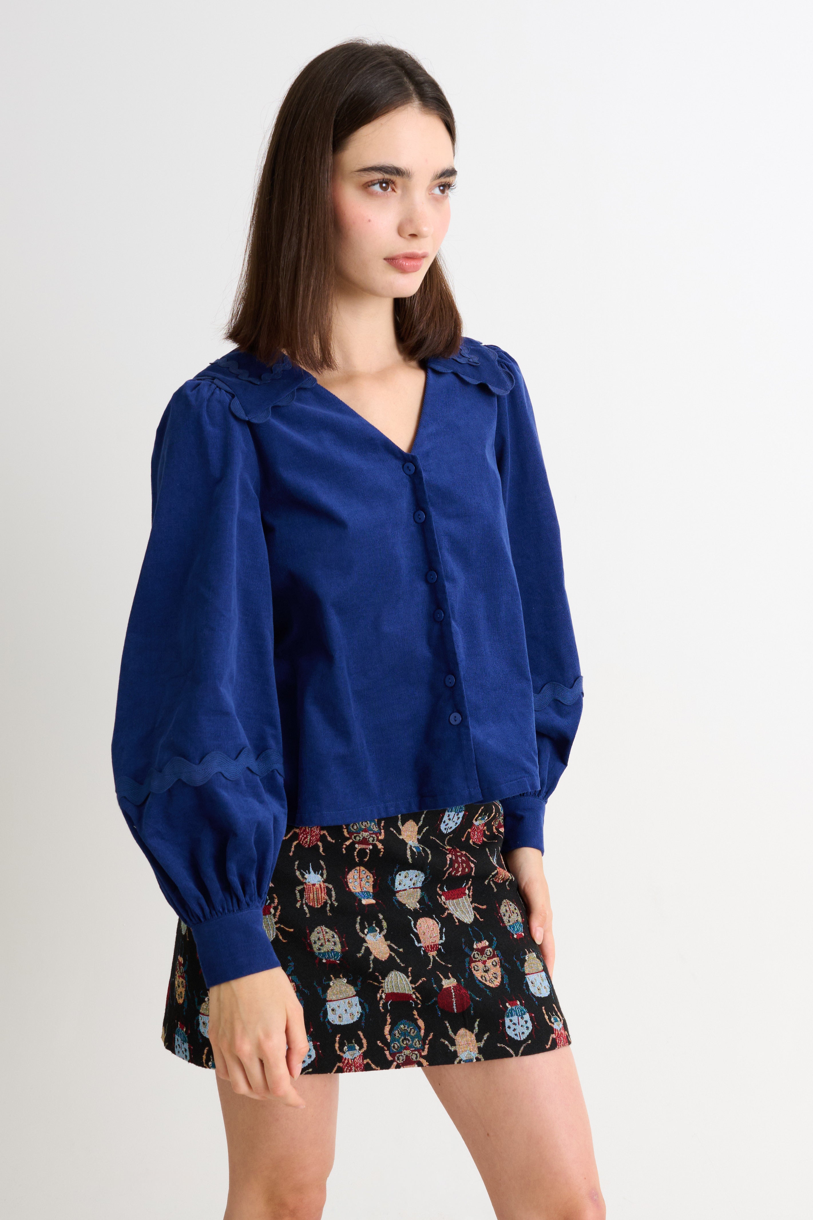 Pallas Babycord Big Collar Ric Rac Trimmed Blouse - Navy