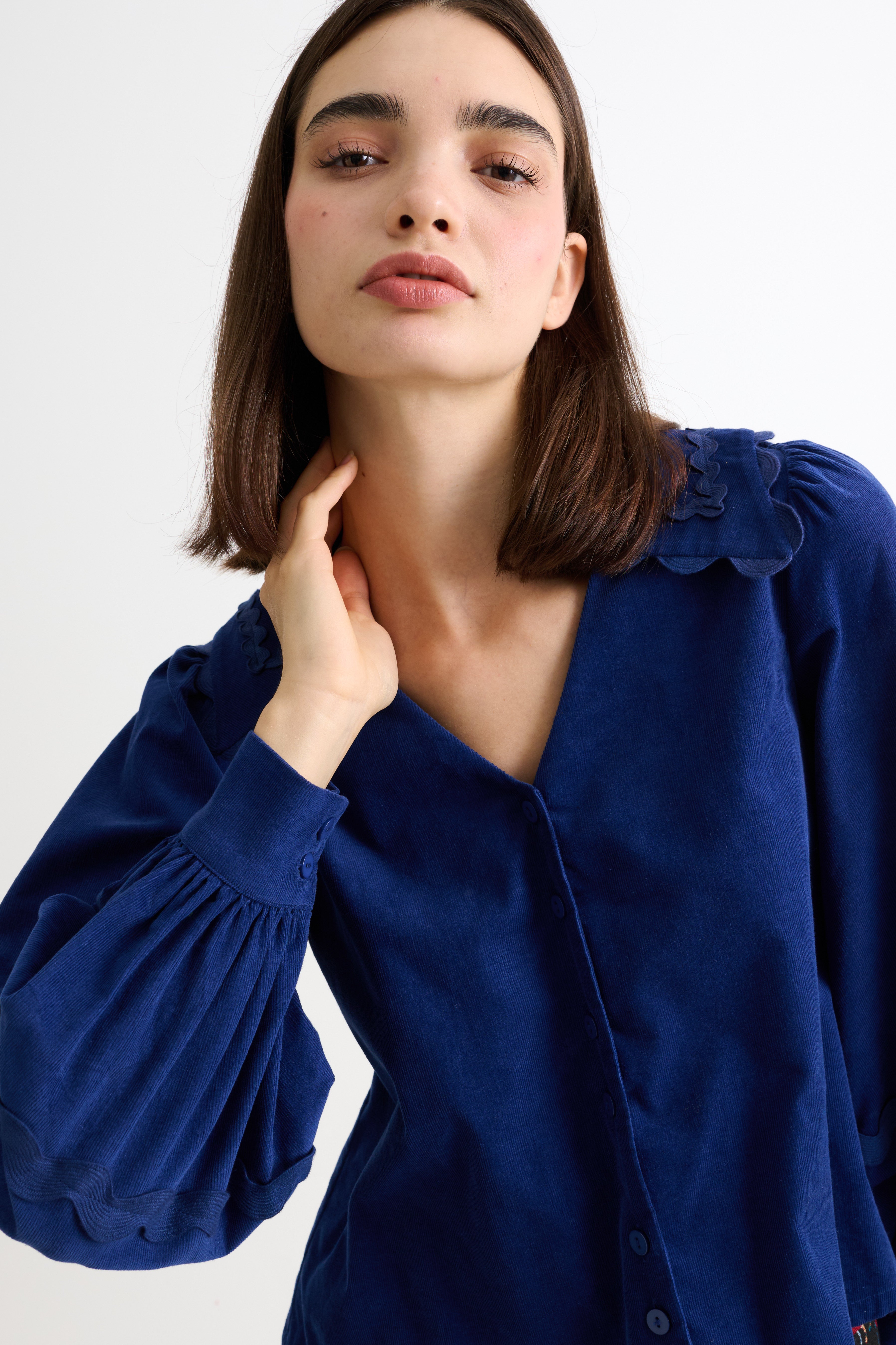 Pallas Babycord Big Collar Ric Rac Trimmed Blouse - Navy