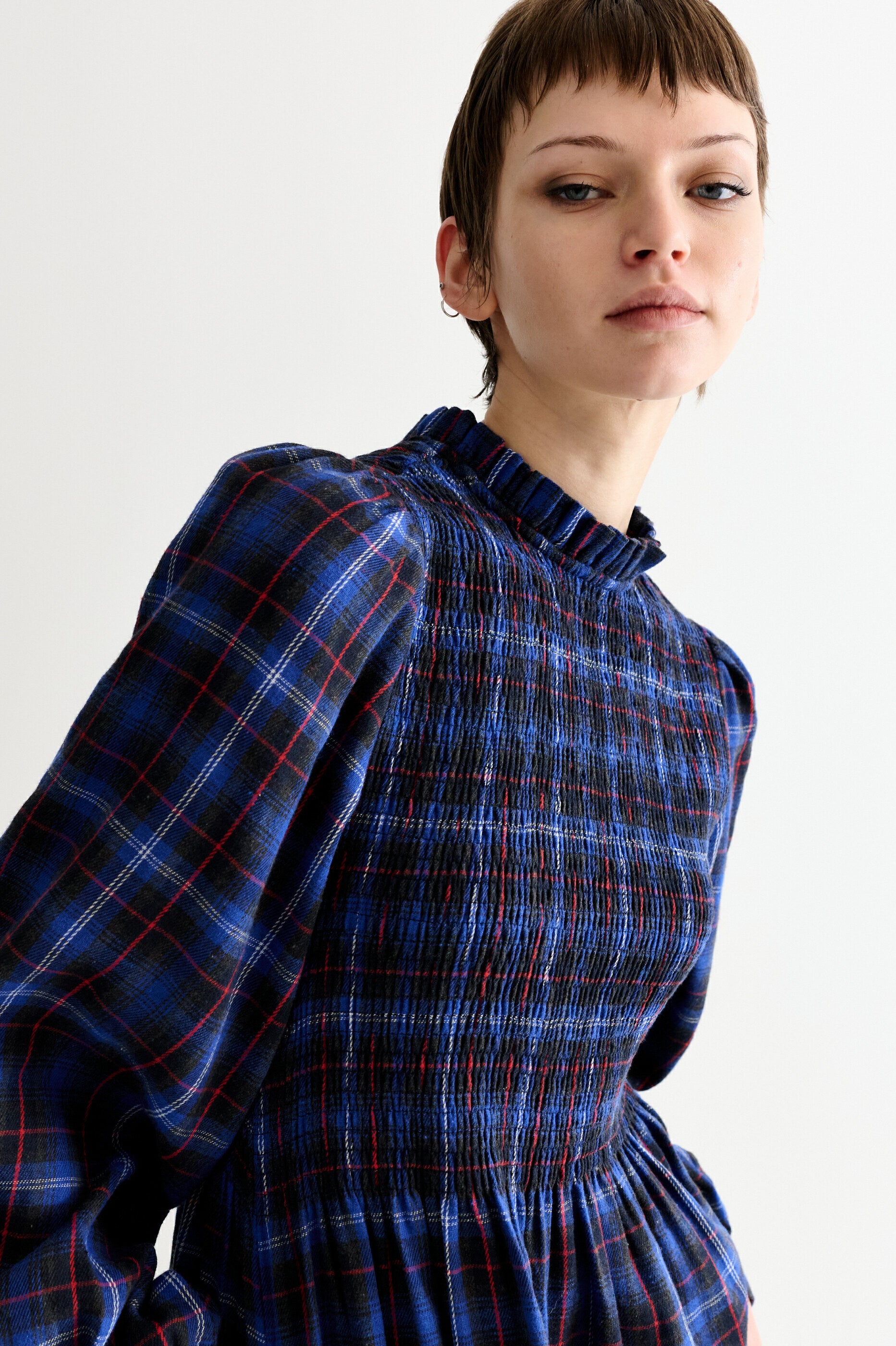 Peppi Winter Check Smocked Bodice Midi Dress - Blue - Detail 4