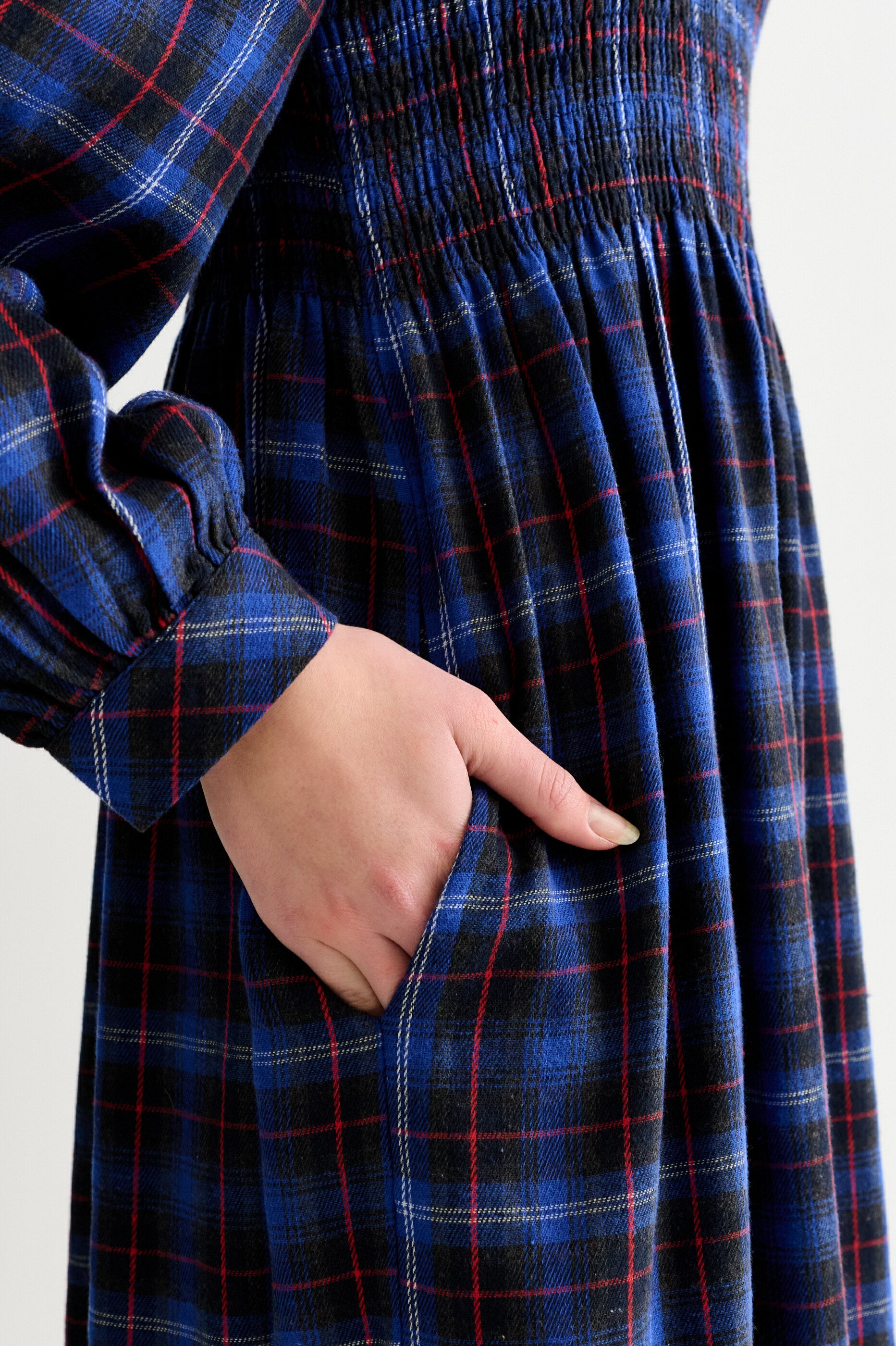 Peppi Winter Check Smocked Bodice Midi Dress - Blue - Detail 3