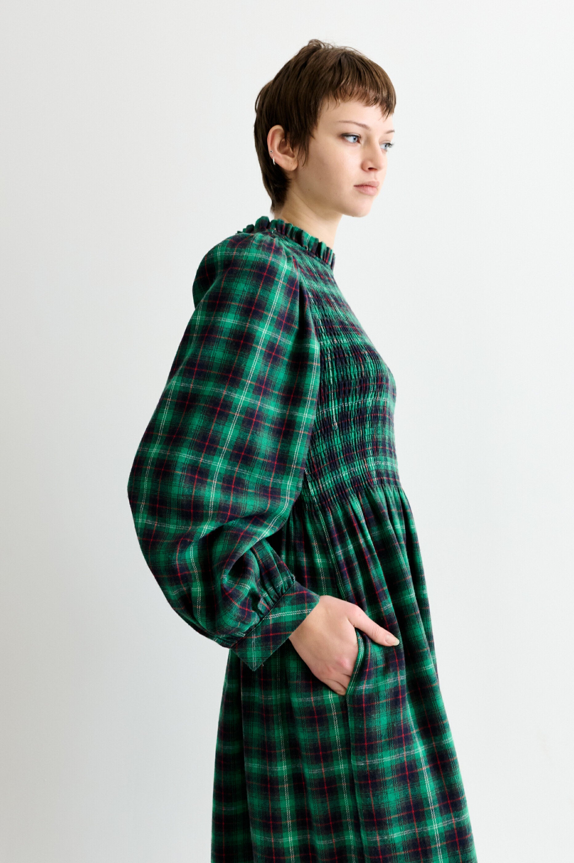 Peppi Winter Check Smocked Bodice Midi Dress - Green - Detail 1