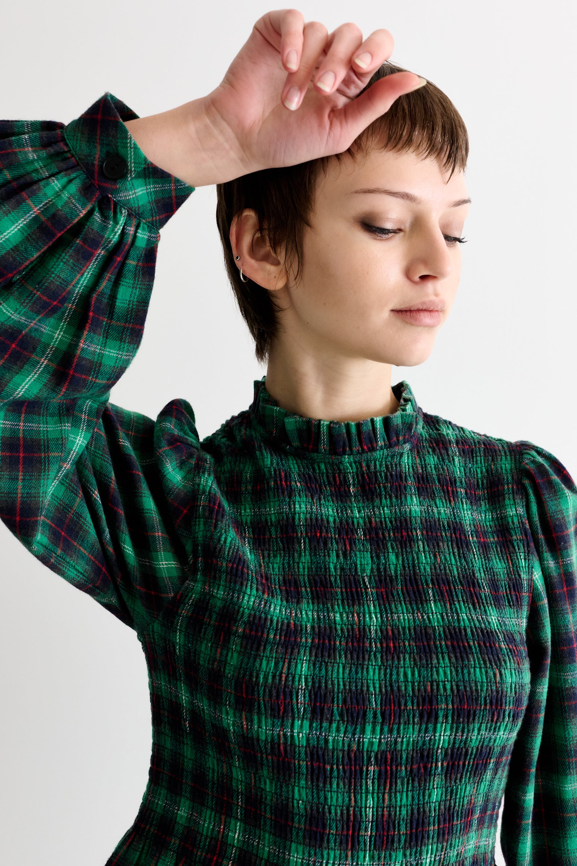 Peppi Winter Check Smocked Bodice Midi Dress - Green - Detail 2