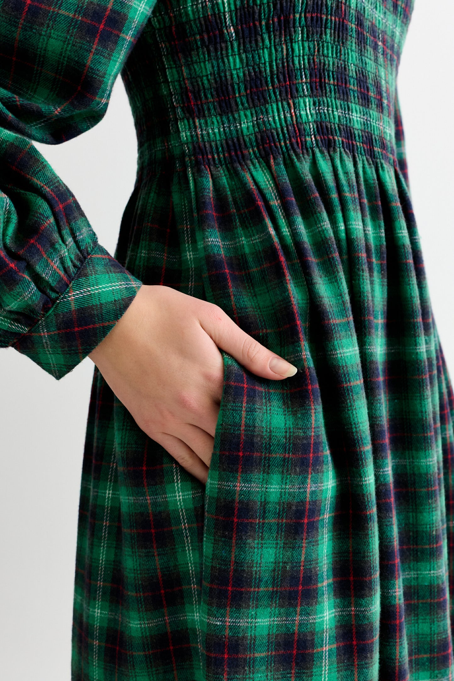 Peppi Winter Check Smocked Bodice Midi Dress - Green