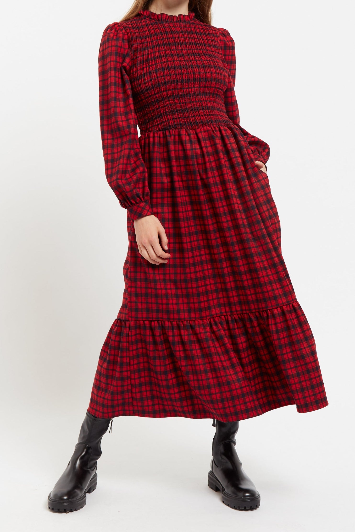Louche Peppi Winter Gingham Midi Dress Red