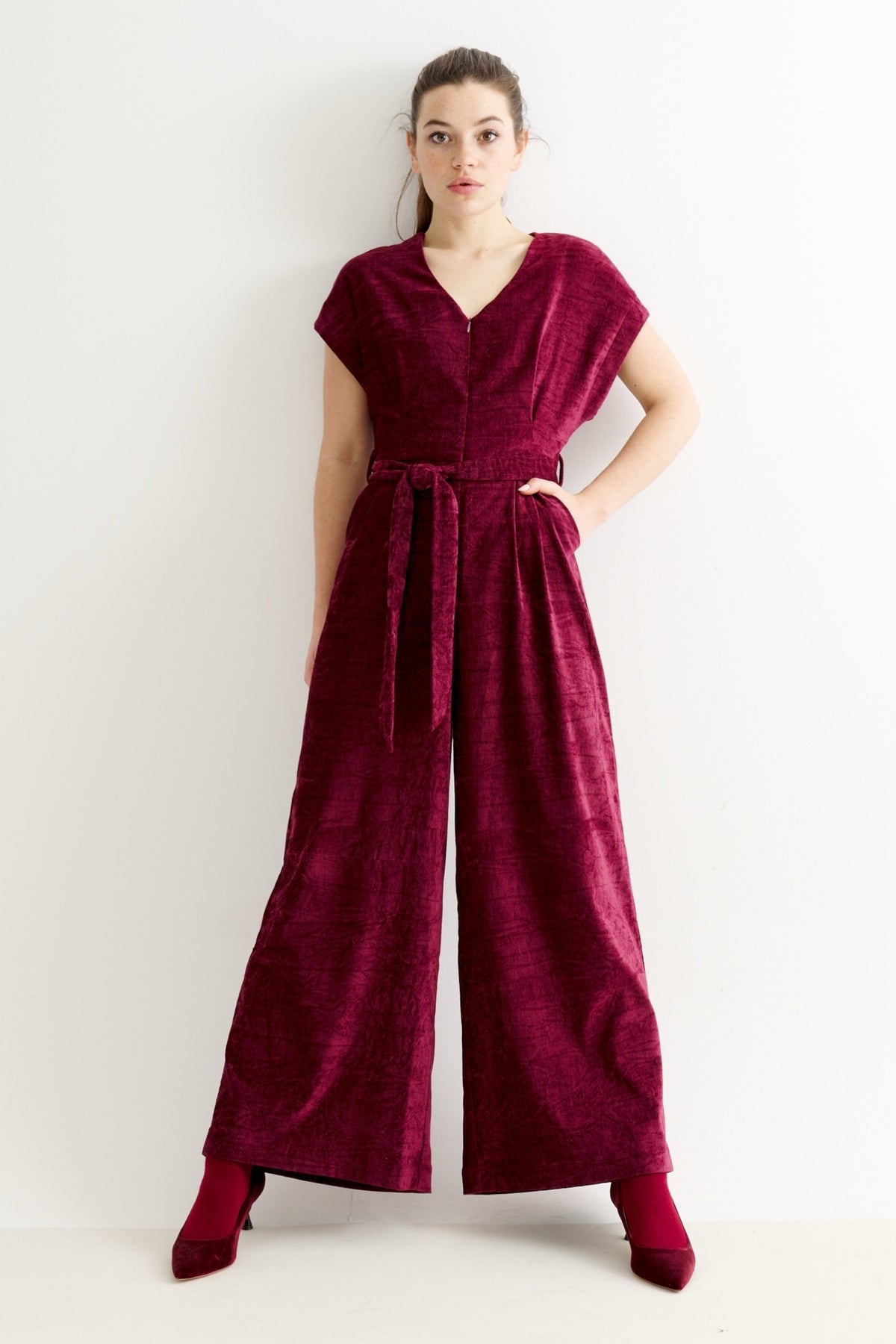 Phoenix Matte Velvet Jumpsuit - Wine