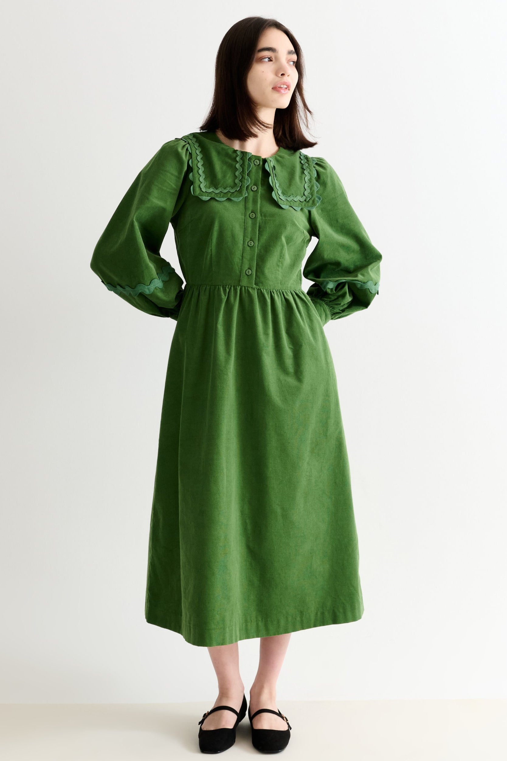 Prudence Babycord Big Collar Ric Rac Trim Midi Dress - Olive - Detail 1