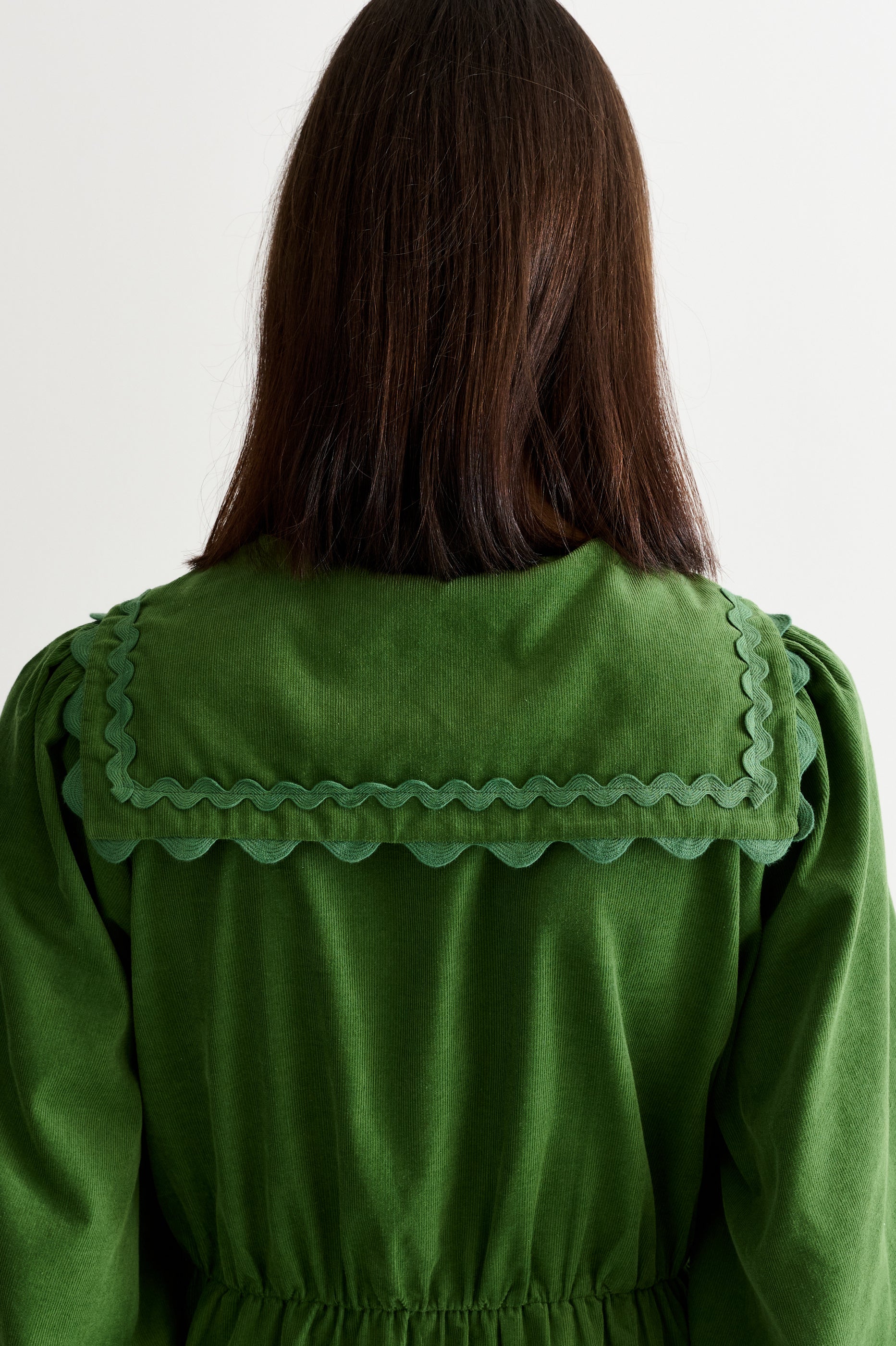 Prudence Babycord Big Collar Ric Rac Trim Midi Dress - Olive - Detail 3
