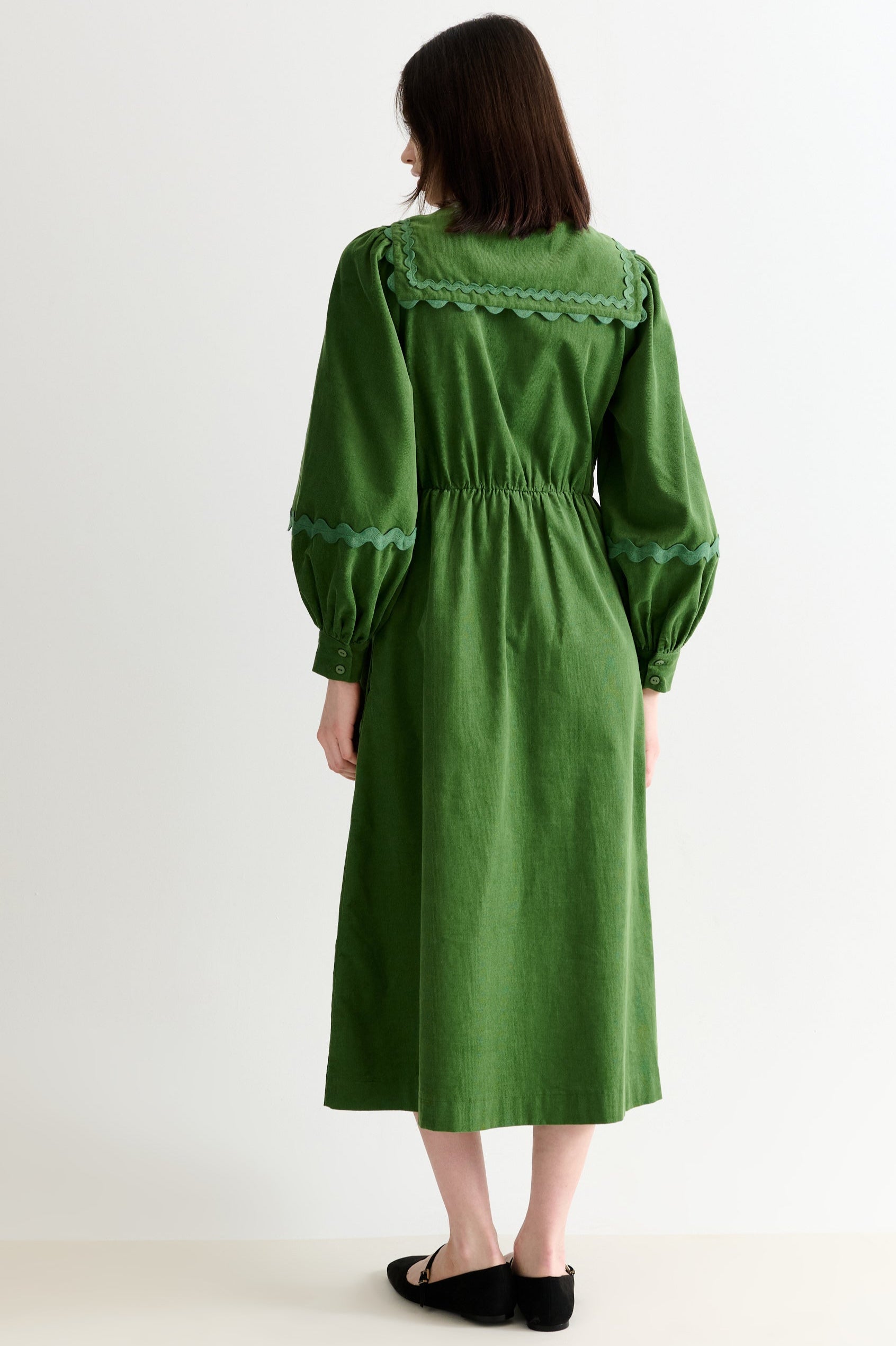 Prudence Babycord Big Collar Ric Rac Trim Midi Dress - Olive