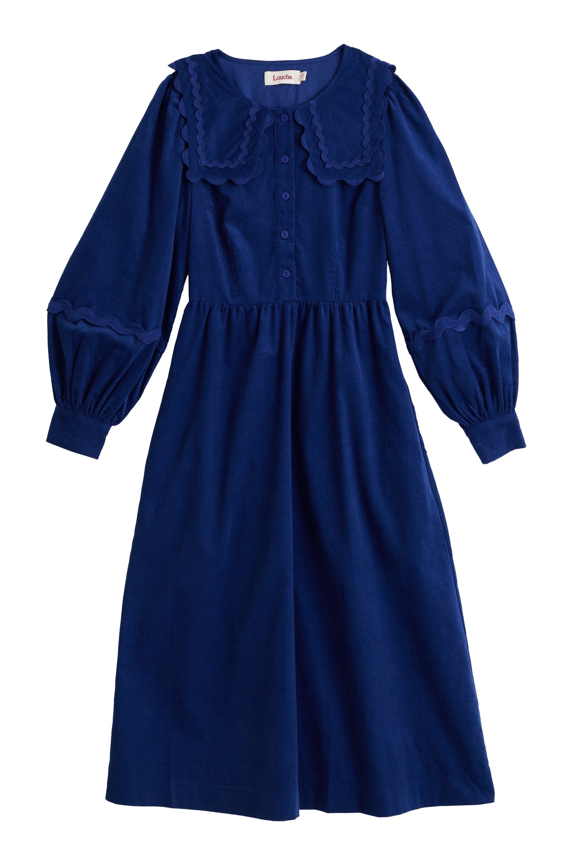 Prudence Babycord Big Collar Ric Rac Trim Midi Dress - Navy - Styled